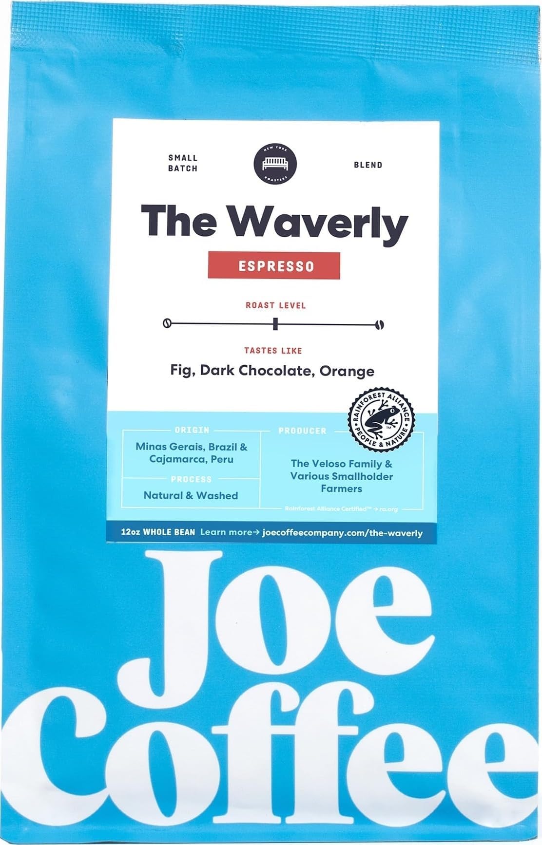Joe Coffee Company - The Waverly Whole Bean Specialty Coffee, 12 oz Bag | NYC Roaster, Rainforest Alliance Certified, Kosher, Climate-Friendly