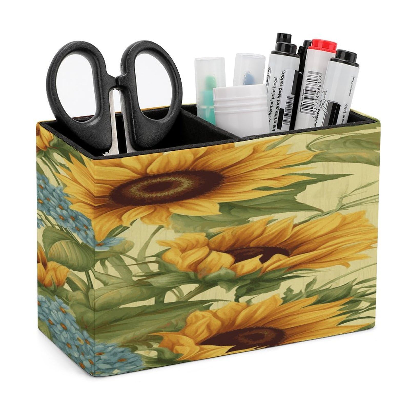 FekiLoot Sunflowers Leather Pen Holder for Desk Double Compartments Brush Minimalist PU Leather Pencil Holder Locker Organizer for Work Locker Accessories Pencil Cup for Desk