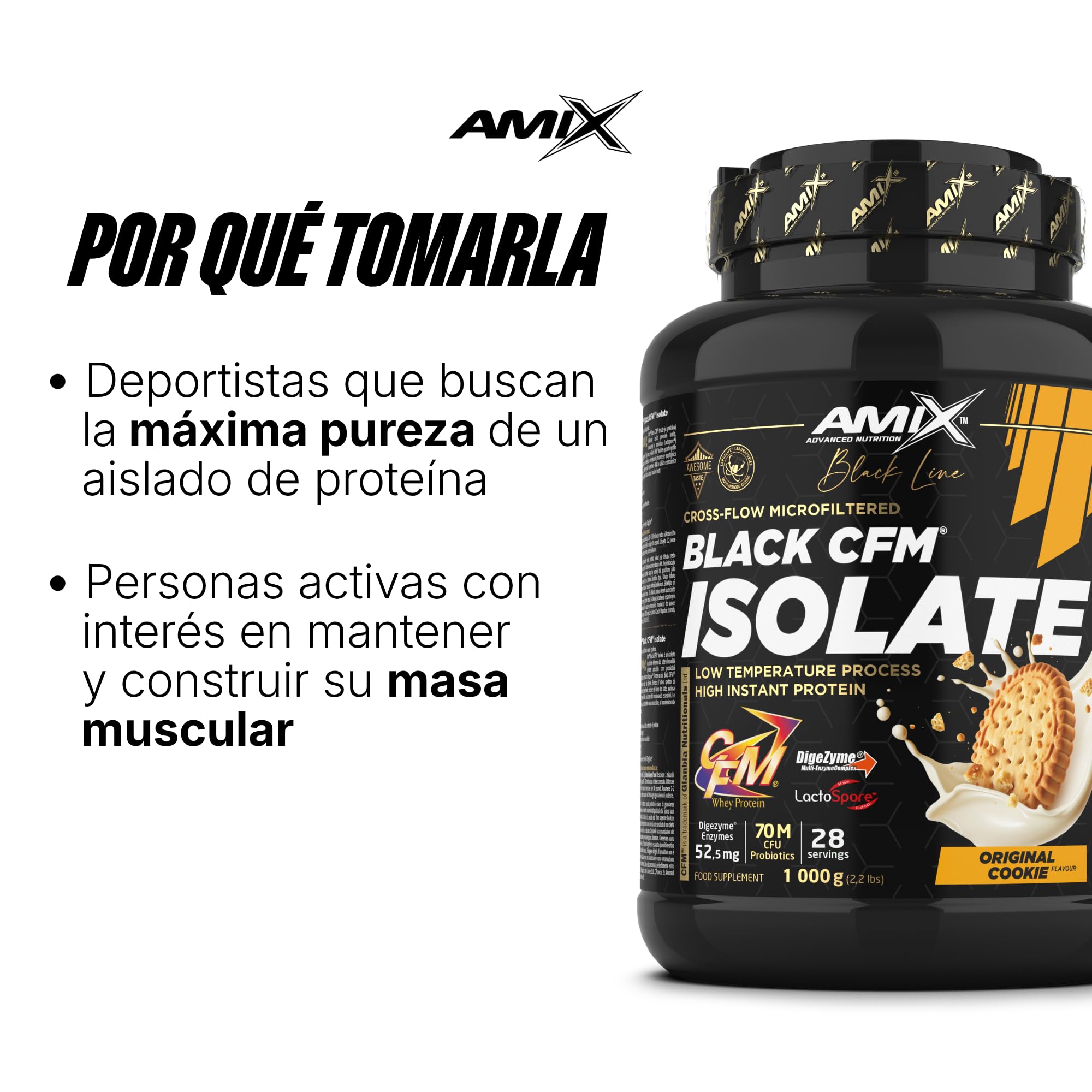 Amix | Proteína BLACK CFM ISOLATE - Ayuda a Mantener la Masa Muscular - Con Enzimas Digestivas - Fácil Digestión - Rápida Absorción - Proteína en Polvo - 1 Kg - Sabor Cookie