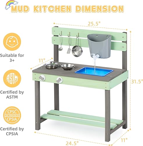 Miniatura 3 de Cocina de madera para niños, cocina de barro al aire libre con juego de agua y juguetes de cocina, juego en el patio trasero para niños de más de 3