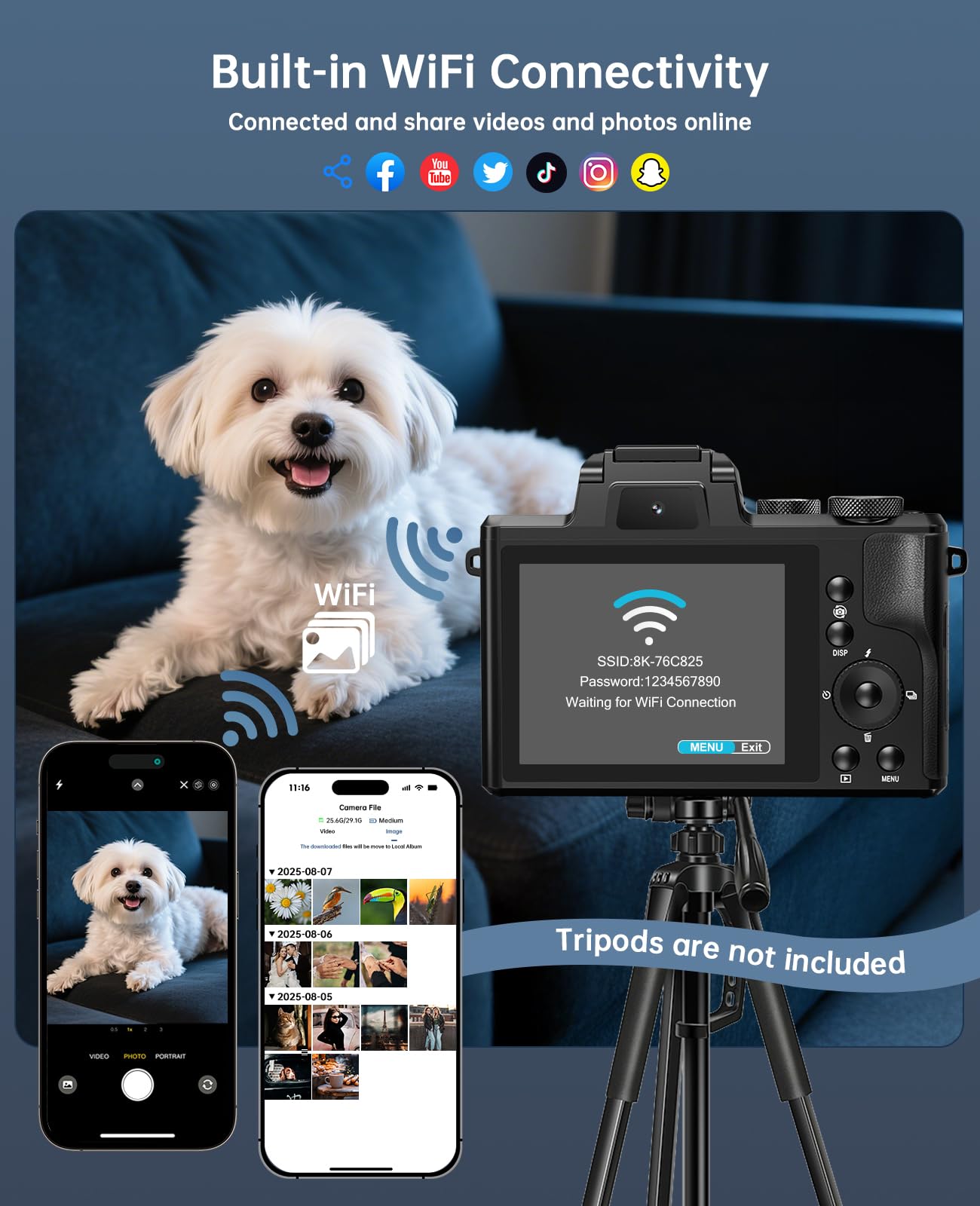 8K Digital Cameras for Photography - Autofocus 88MP WiFi Profession Camera with Dual-Lens - 16X Digital Zoom Photography Camera for YouTube with Lens Hood, Touch Screen, 2 Batteries & Charging Stand