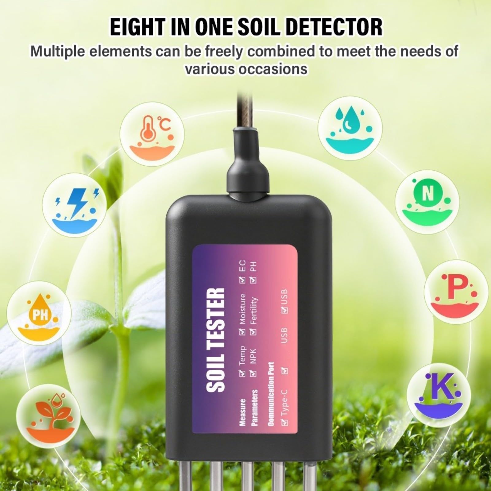 1 paquete para probador inteligente de suelo NPK medidor de temperatura de humedad pH para monitoreo de granja de jardín datos en tiempo real IP68 impermeable negro