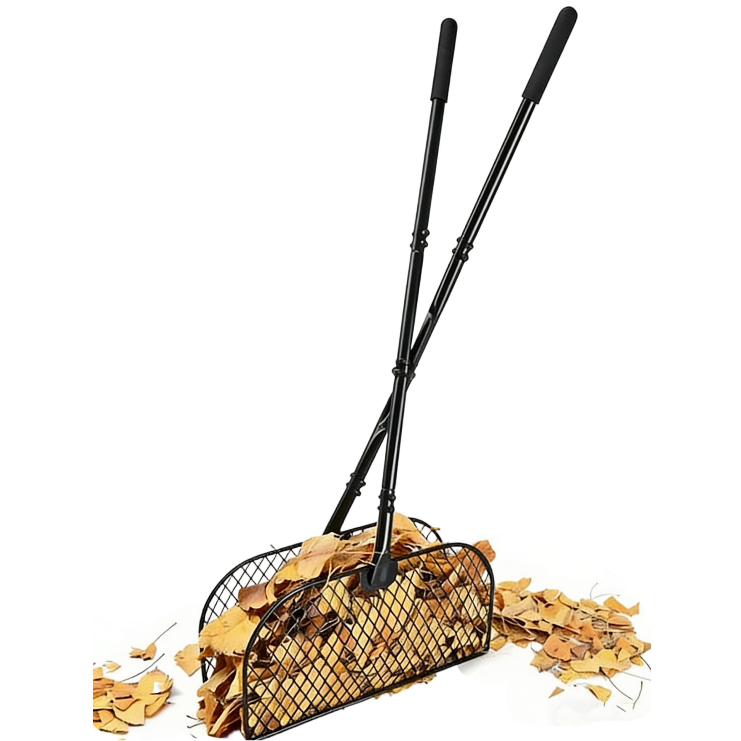 Rastrillo para agarrar hojas con mango largo, recogedor de hojas que no se dobla hacia atrás, recogedor de césped, rastrillo superior de patio con cabeza de metal de 40 cm de ancho para