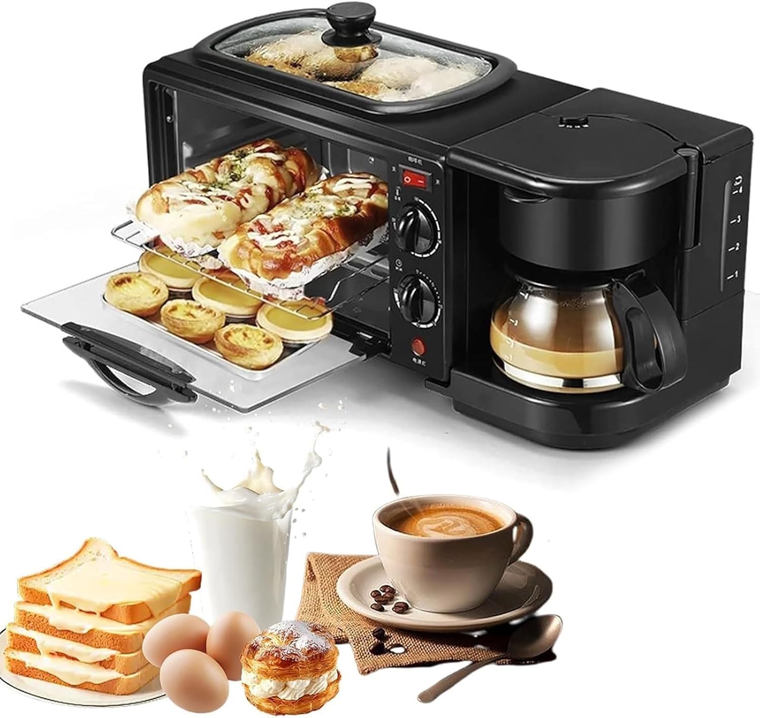 Electric Breakfast Machine,3-In-1 Breakfast Station with 1.2L Cooking Pot, 9L Large Capacity Baking Area, and Coffee maker,100-230° Temperature Control & 30min Timing,for Kitchen(Black)