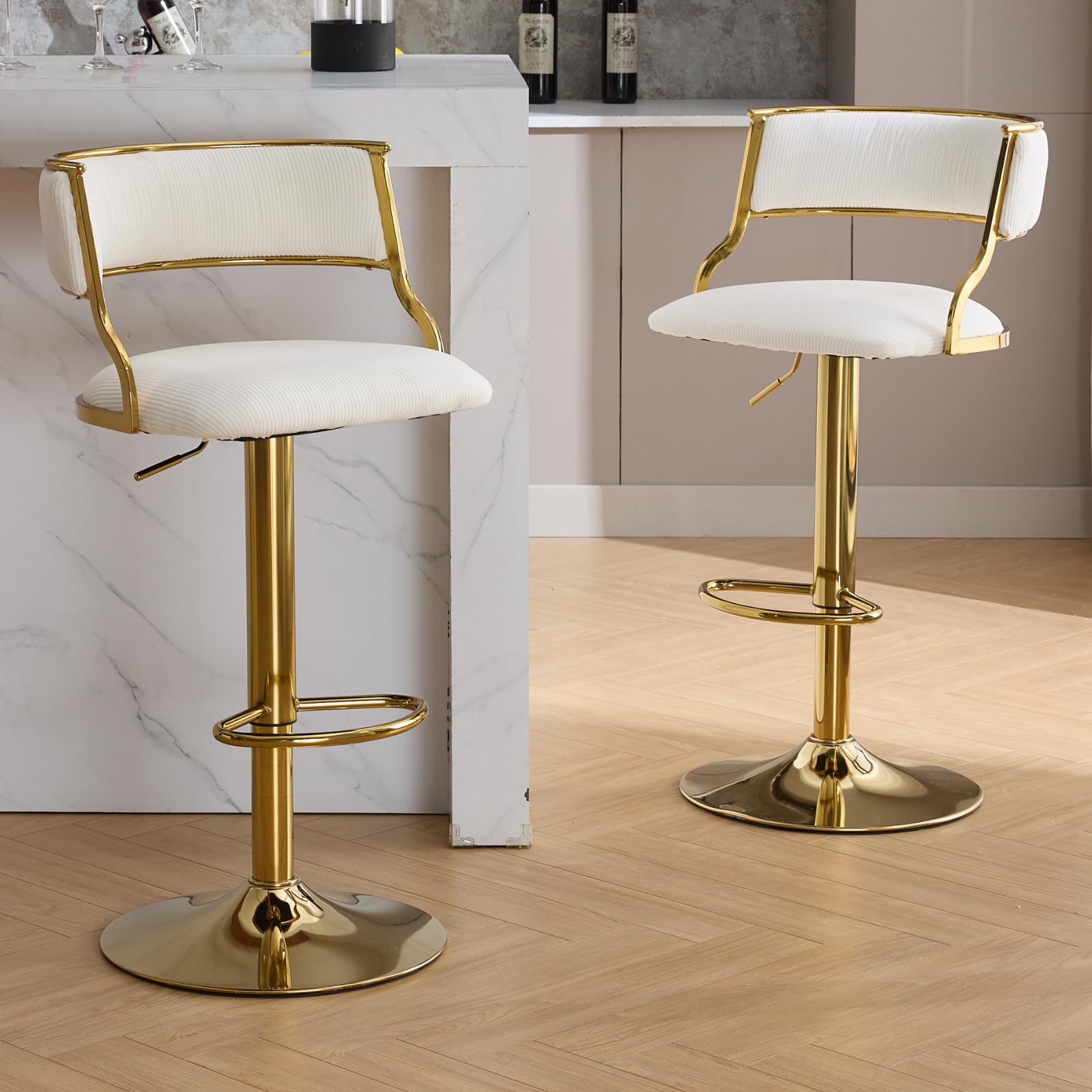 chairus Velvet Upholstered Bar Stools Set of 2 Elegant Kitchen Bar Chairs with Gold Base, Modern High Stools with Adjustable Height for Home/Kitchen Island, Beige