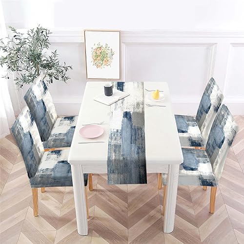 MCALK Juego de 4 fundas azules para sillas y camino de mesa, fundas elásticas grises para cocina, protector de silla extraíble lavable y moderno