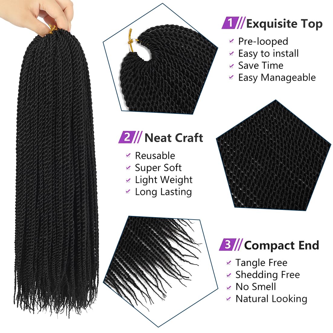 Crochet Braids Senegalese Twist Crochet Hair 7 Packs Pre Looped Micro Senegalese Twist Braiding Hair Ombre Crochet Braids for Women (14inch, 1B)