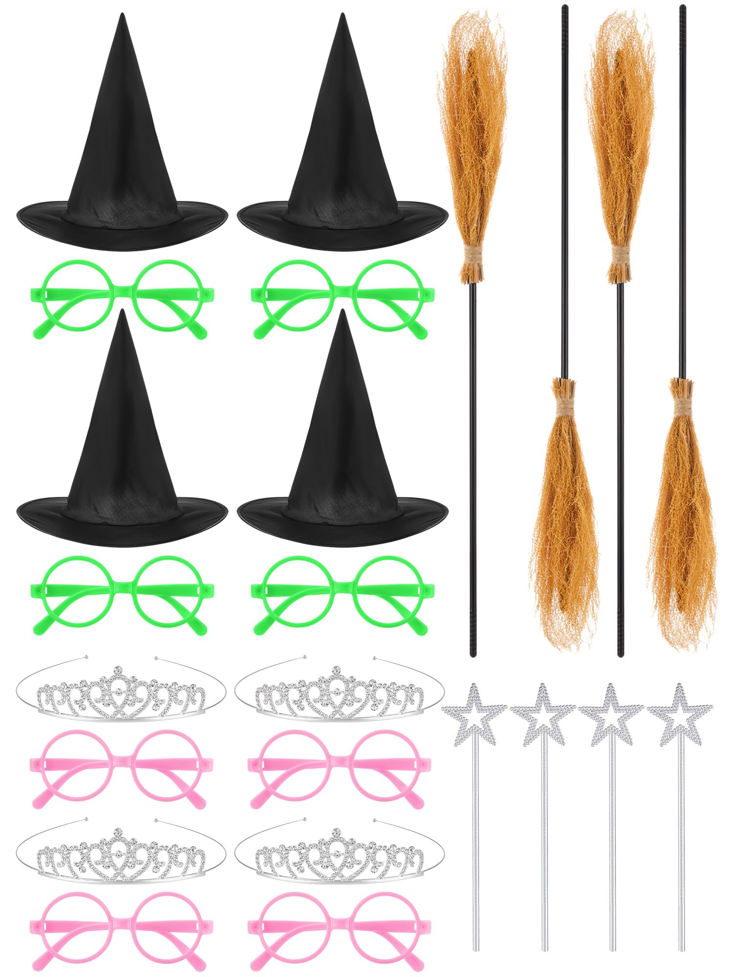 Maiteenly 24 Pcs Halloween Wizard Party Decoration Pink Green Glasses Witch Hat Broom Crown Pentagram Star Wand Princess Party Favor