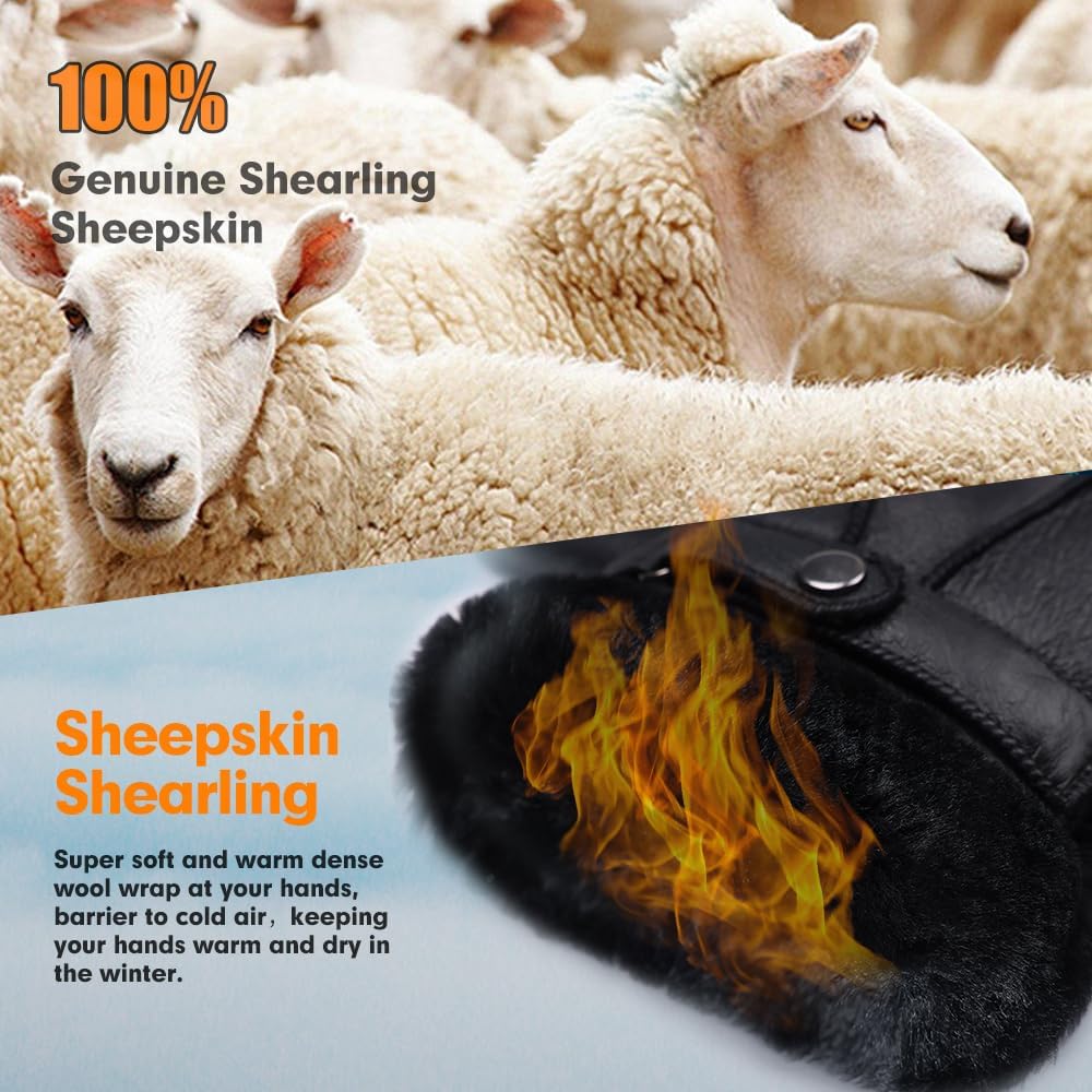MGGMOKAY Men's Shearling Gloves Winter Sheepskin Shearling Leather Gloves Men Warm Fur Gloves - Image 3