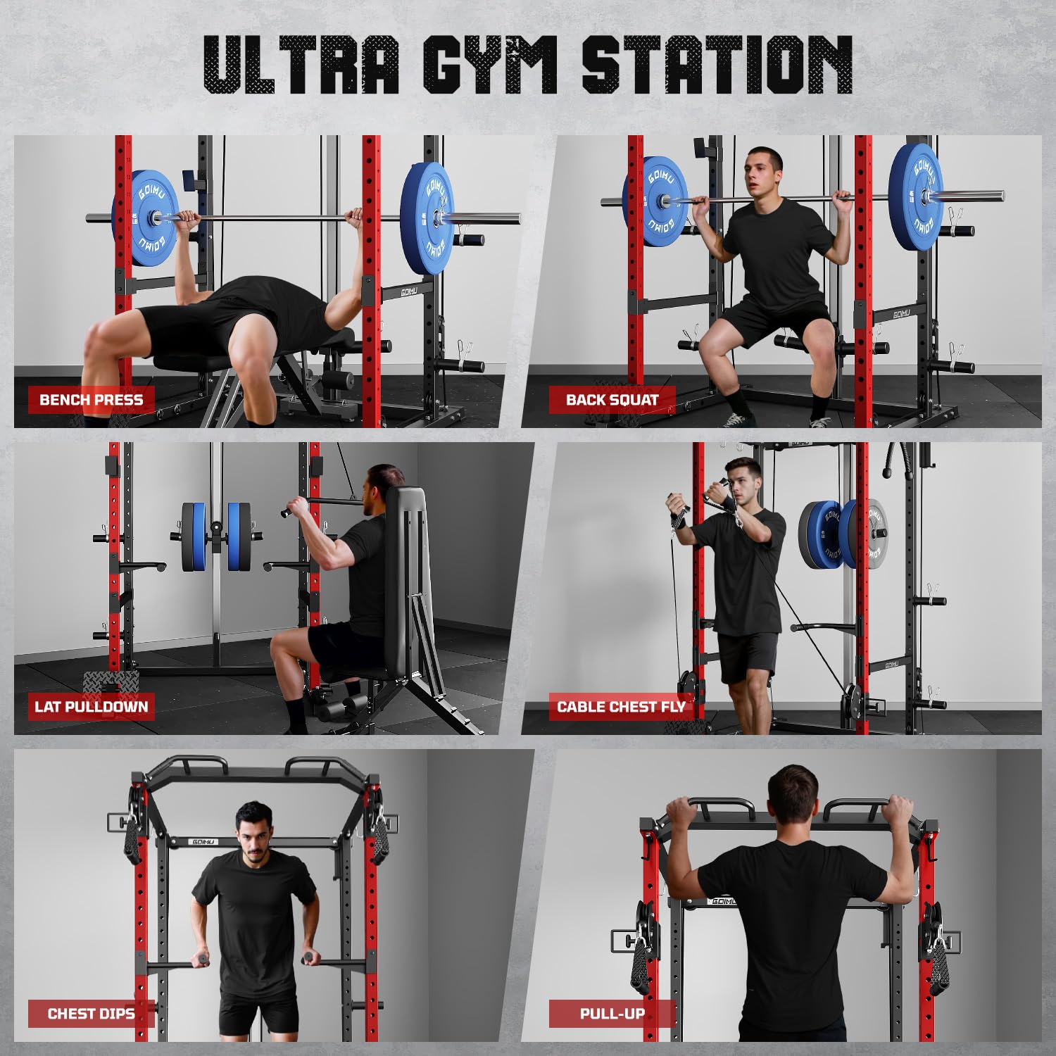 Collage of exercises performed on the Goimu R1-V4 Power Cage: Bench Press, Back Squat, Lat Pulldown, Cable Chest Fly, Chest Dips, Pull-Up