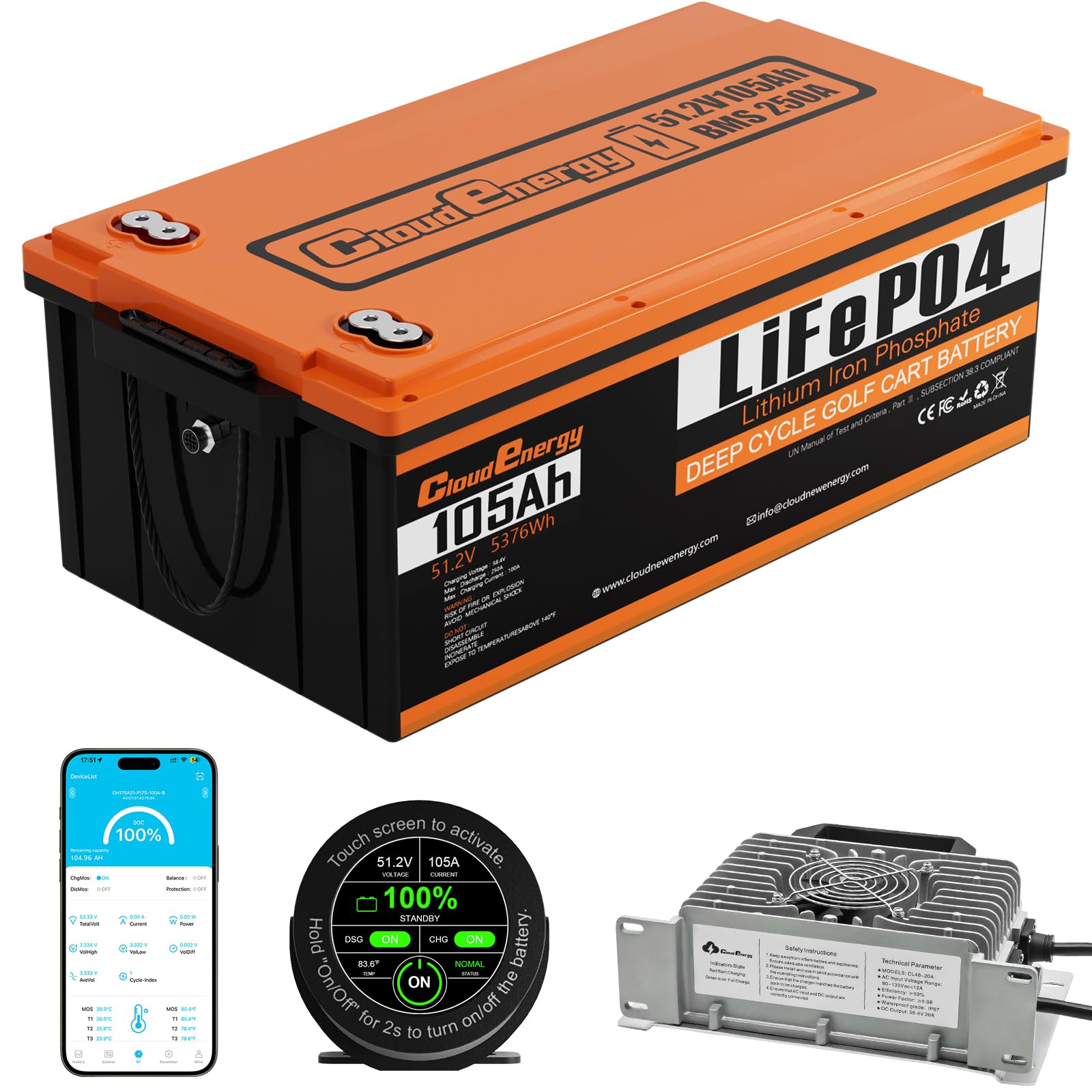Cloudenergy 48V 51 2V 105AH LiFePO4 Lithium Golf Cart Battery Built-in 250A BMS 3C Discharge with 20A Charger