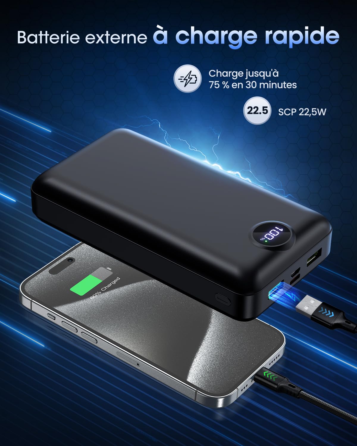 Batterie Externe 50000mAh Charge Rapide,Câble 3 en 1 Power Bank Grande Capacité 22,5W, USB-C avec 3 Sorties 2 Entrées Écran LED Chargeur Portable, Compatible avec Smartphone Android,Tablet Noir