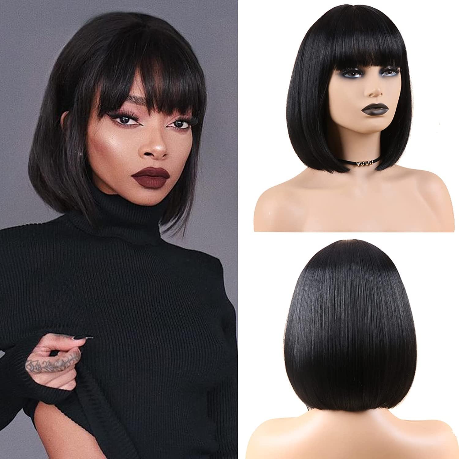 Bob Wig with Bangs Straight Black Bob Wig with Bangs Straight Short Bangs Wig for Women Natural Looking for Daily Use (Black, 12 Inches)