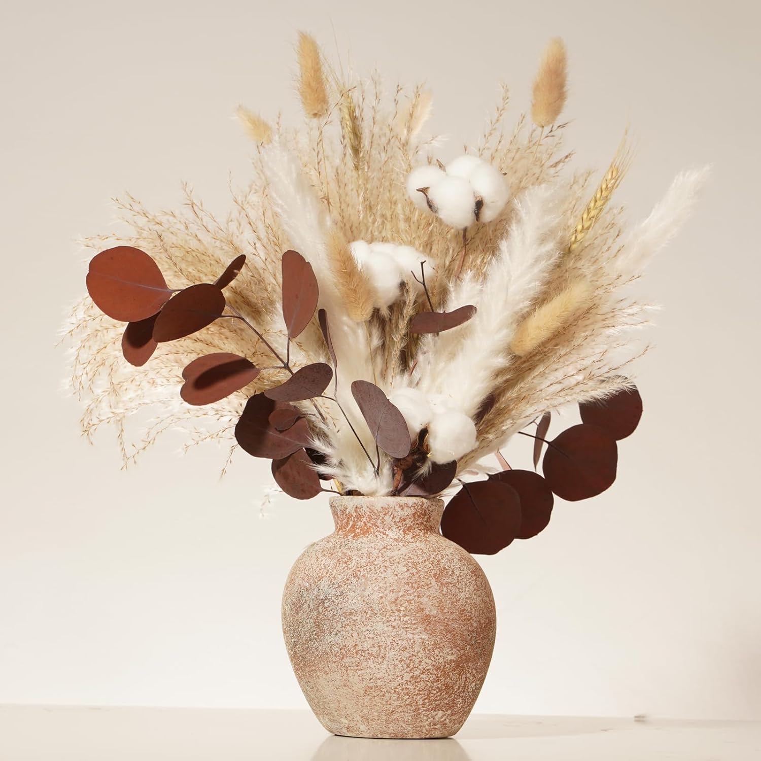 crafity Pampasgras Deko Trockenblumen Pampasstrauß mit kleinem Pampas, Bunny Tails, Baumwolle, Eukalyptus, Getrocknetes Pampasgras-Bouquet für Tischdeko Zuhause Whonzimmer