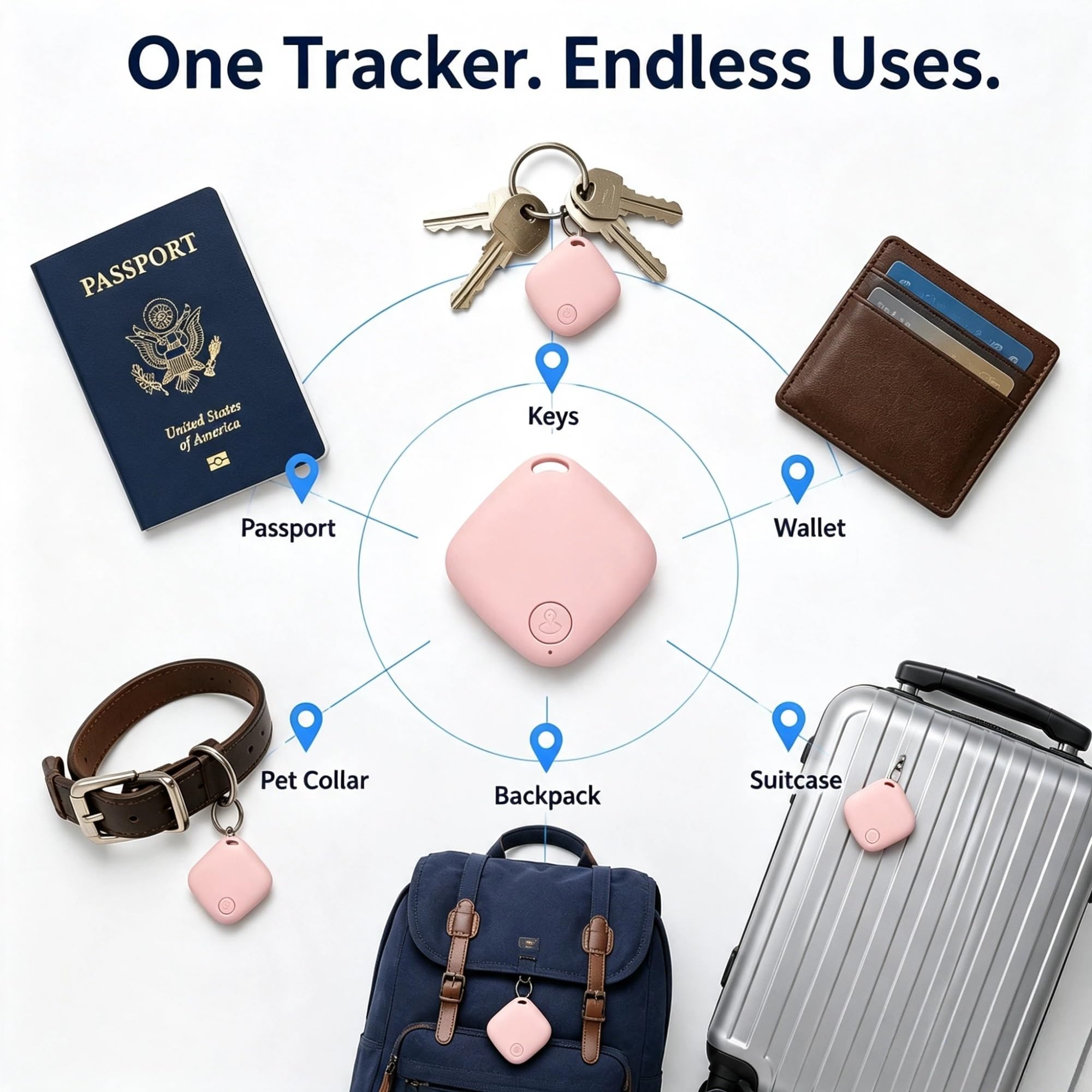 Localizzatore Bluetooth anti-smarrimento chiavi e portafoglio | Trova chiavi, telefono e bagagli con lo squillo bidirezionale e la mappa dell'ultima posizione(Pink)