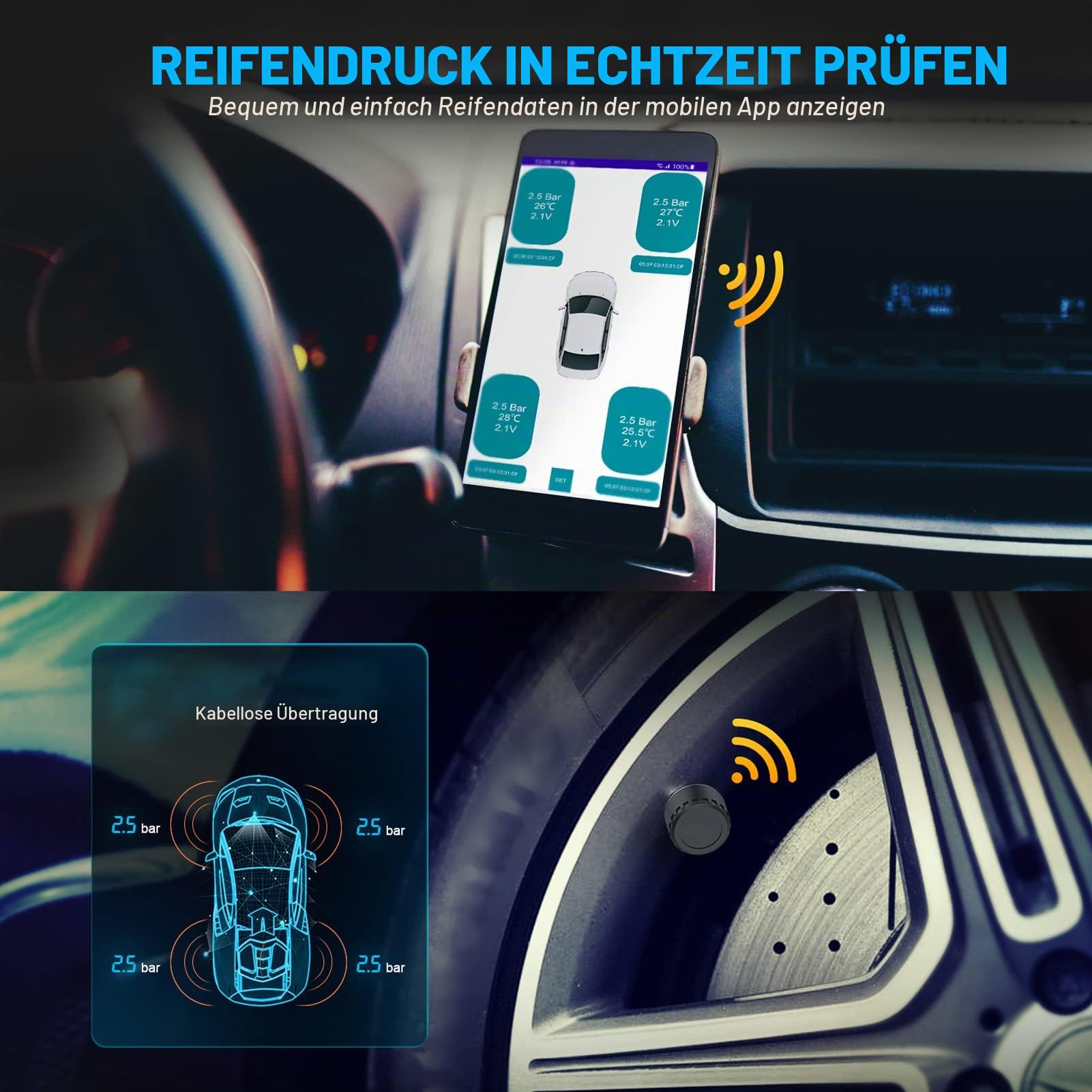 aqxreight ReifendrucküBerwachung, TPMS-ReifendrucküBerwachungssystem 4 Externe Sensoren Echtzeitanzeige Temperaturdruck 0 Bis 100 PSI FüR Pkw-WohnmobilanhäNger