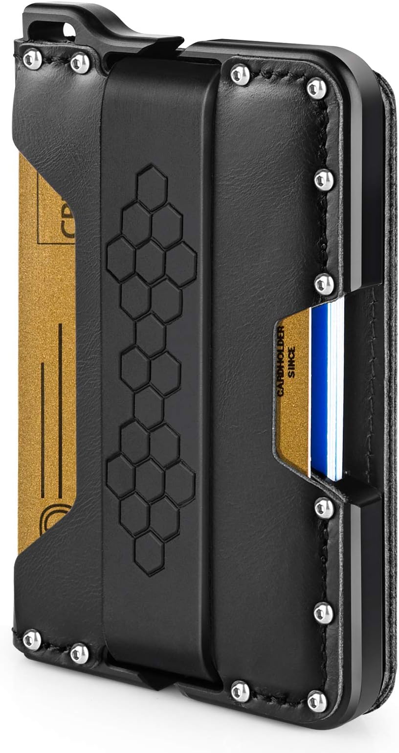 Minimalist Wallet for Men - Evcing Slim Smart Metal EDC Wallets with Genuine Leather and CNC Alum - RFID Blocking Extra Large Capacity Dapper Design Bifold Stylish (Black&Black)