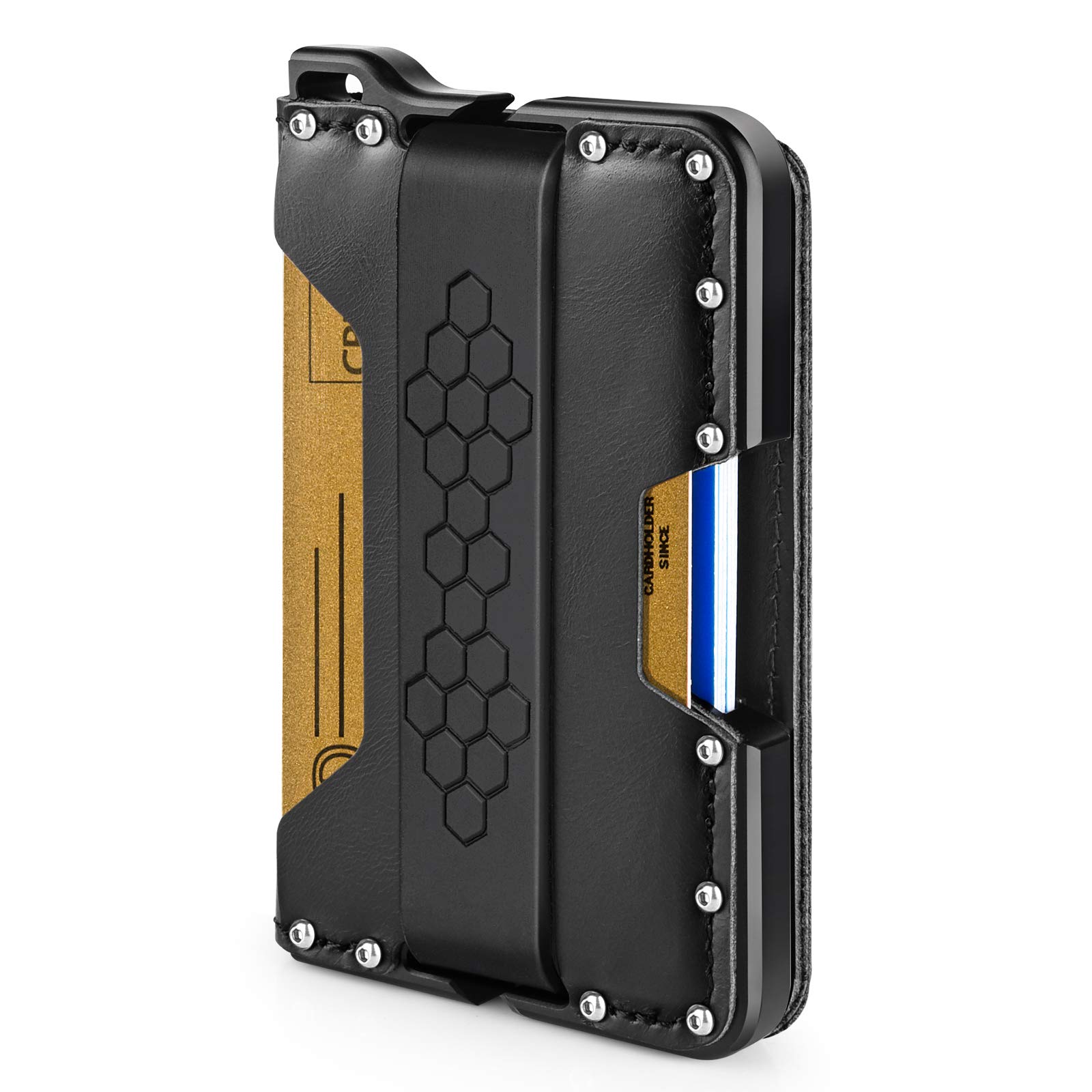 Minimalist Wallet for Men - Evcing Slim Smart Metal EDC Wallets with Genuine Leather and CNC Alum - RFID Blocking Extra Large Capacity Dapper Design Bifold Stylish (Black&Black)