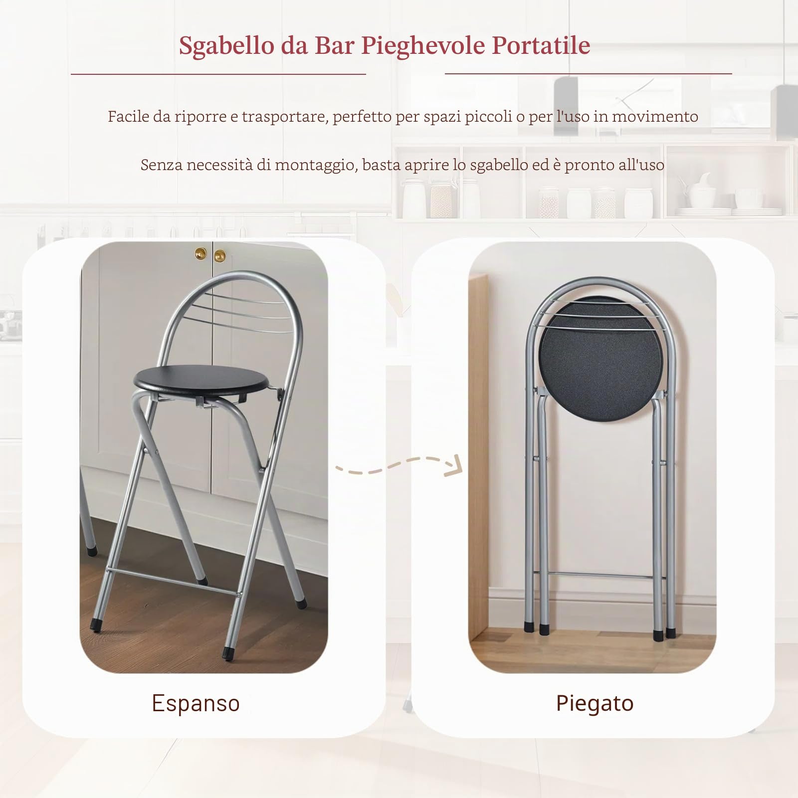 Sgabello da Bar Pieghevole Set di 2, Sgabello Pieghevole Portatile Sedia da Bar Pieghevole con Schienale per Bistro Cucina Terrazza Esterna, Altezza seduta 61 cm, Nero e Argento