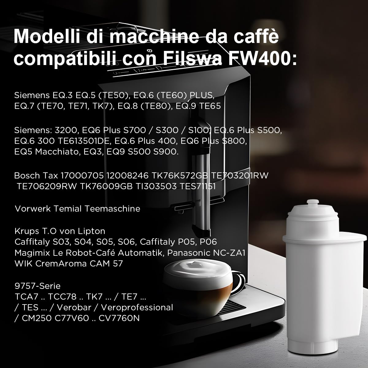 Filswa Filtro dell'acqua completamente automatico per Siemens EQ-Series, EQ6 Plus S700, EQ9 S900 S500, EQ500, EQ700, EQ900. Alta qualità ed efficiente alternativa economica (6 pezzi)