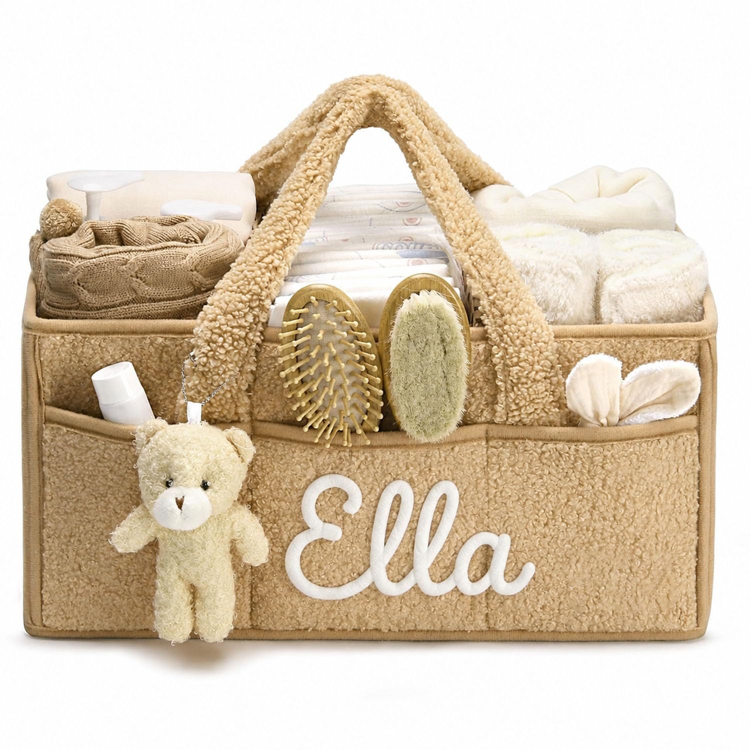 Personalized Plush Baby Diaper Caddy Organizer - Custom Name Nursery Storage Basket, Soft Portable Diaper Bin With Removable Dividers For Newborn Registry(Khaki)
