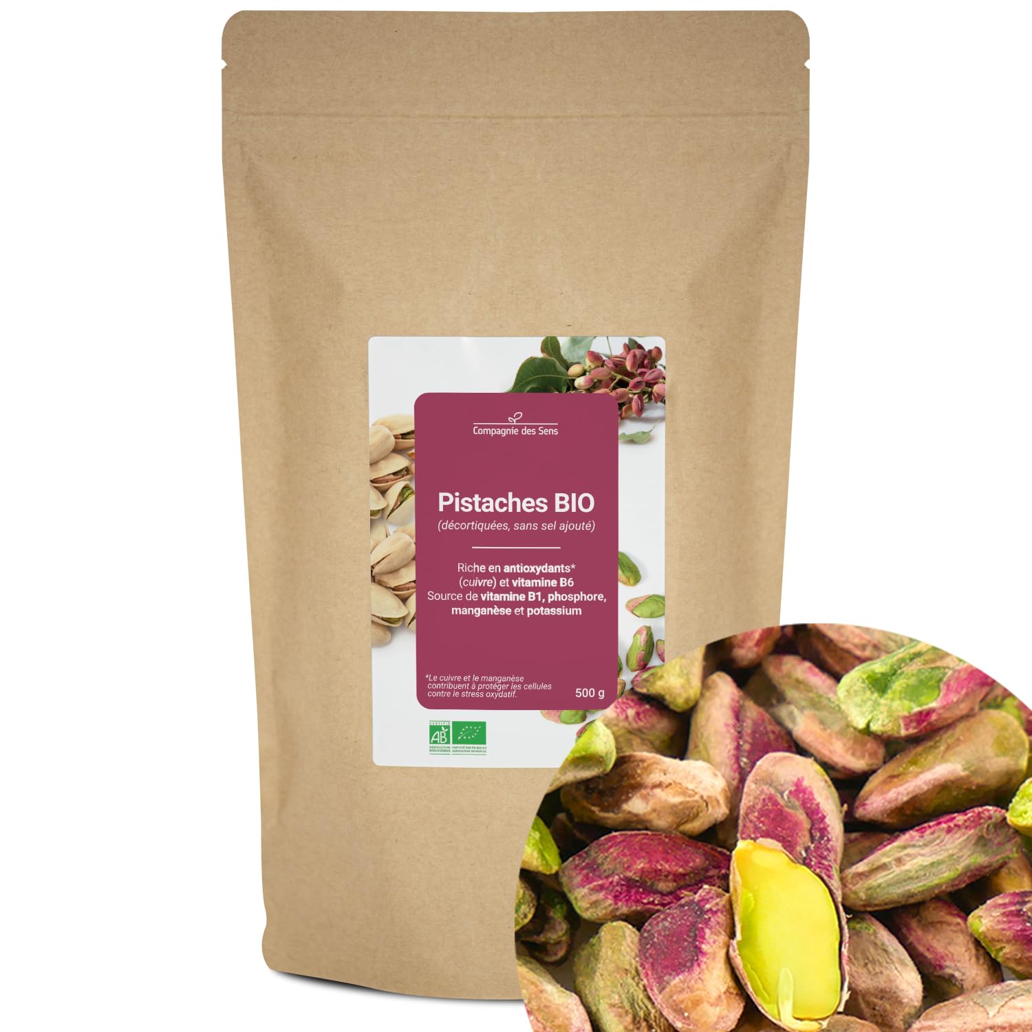 Pistaches BIO (décortiquées, sans sel ajouté) - riche en antioxydants - 500g