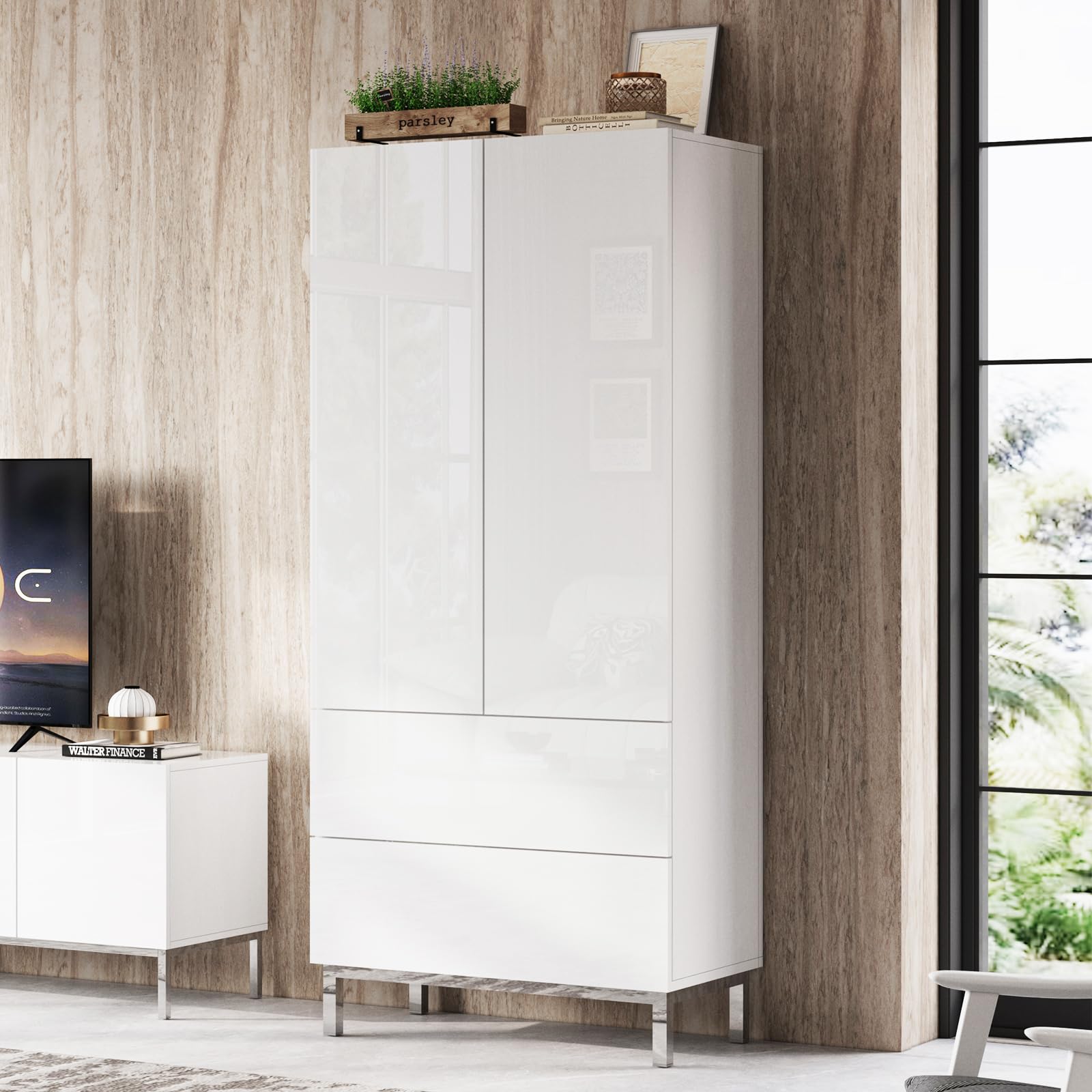 LUXOAK Moderner Hochglanz Schrank Weiß mit 2 Türen & 2 Schubladen – 86×40×178 cm Mehrzweckschrank mit Metallfüßen, Push-to-Open, Verstellbare Einlegeböden Für Wohnzimmer, Küche, Flur