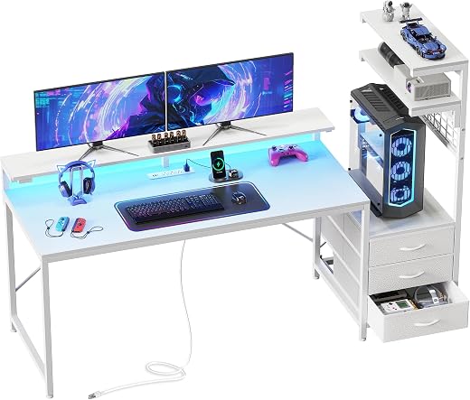 PRAISUN 61.7" Gaming Desk with LED Lights &amp; Outlets, Computer Desk with 3 Fabric Drawers, PC Desk with PC Case Stand &amp; Mov