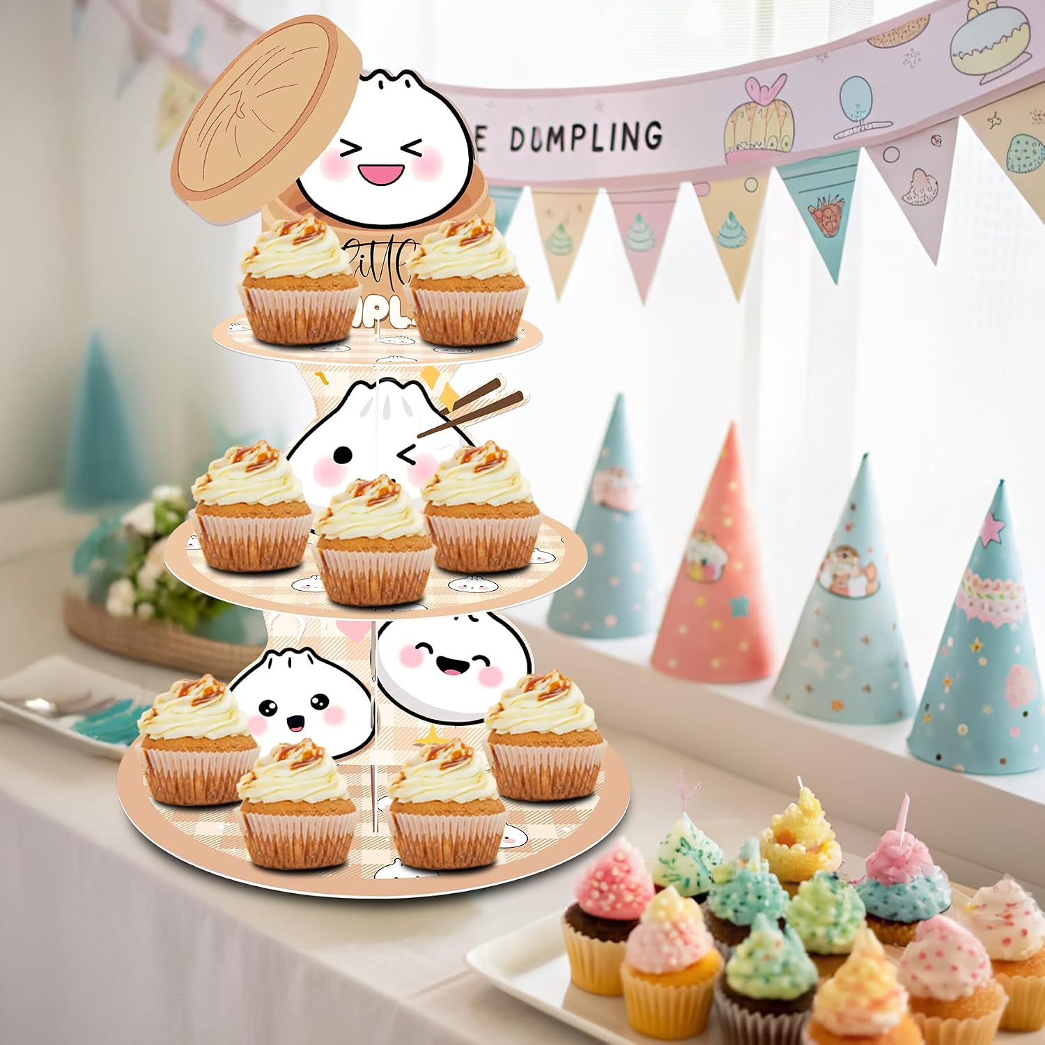 1 PCS Little Dumpling Cupcake Stand, 3-Tier Kawaii Bao Bun Cardboard Dessert Tower, Cute Steamer Basket Style Cupcake Holder for Baby Shower or Birthday Party