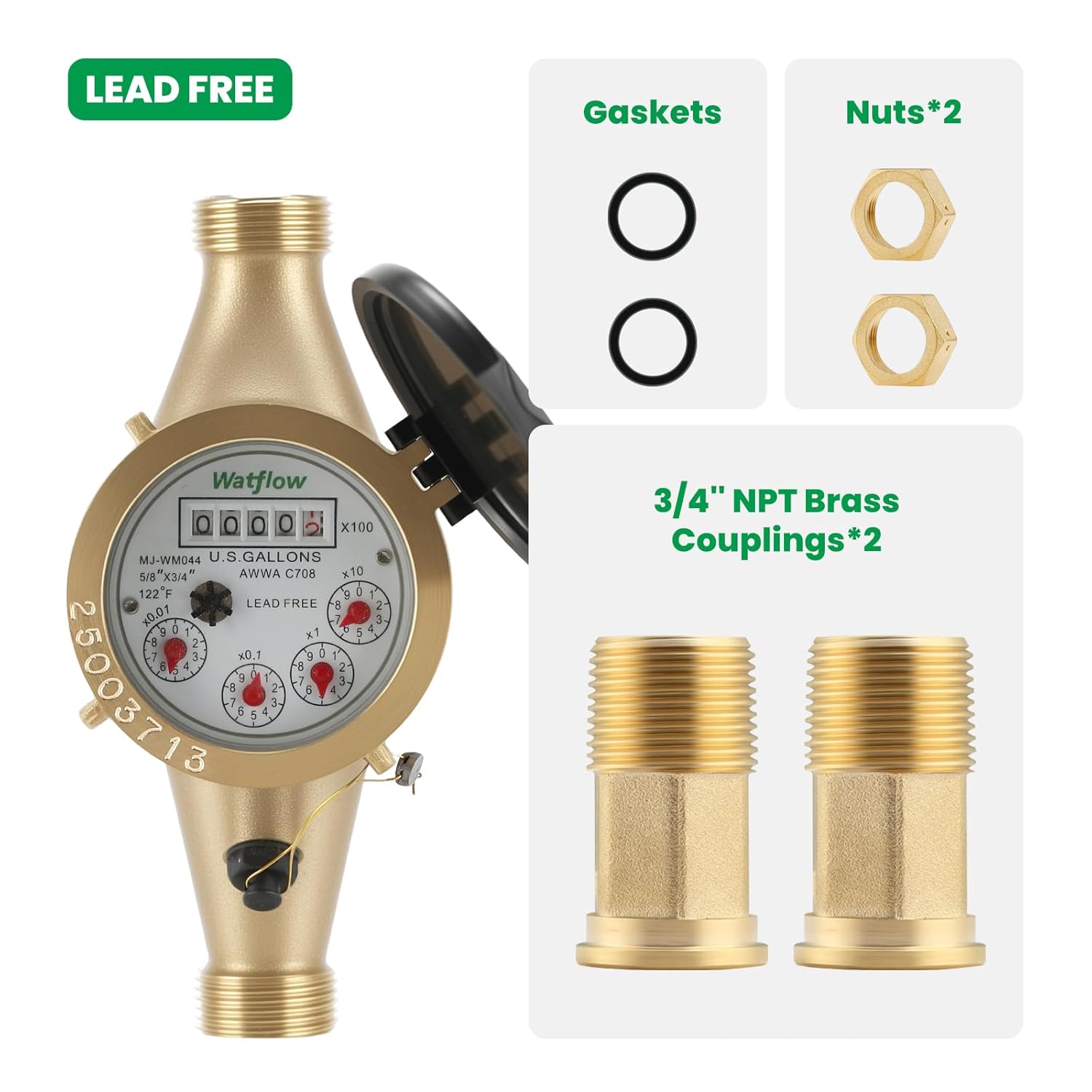 Watflow DN20 3/4" NPT Couplings Gallon Water Meter, Lead Free Meter, Cold Water Meter for Apartment or Home,Multi-Jet.(Lead Free)