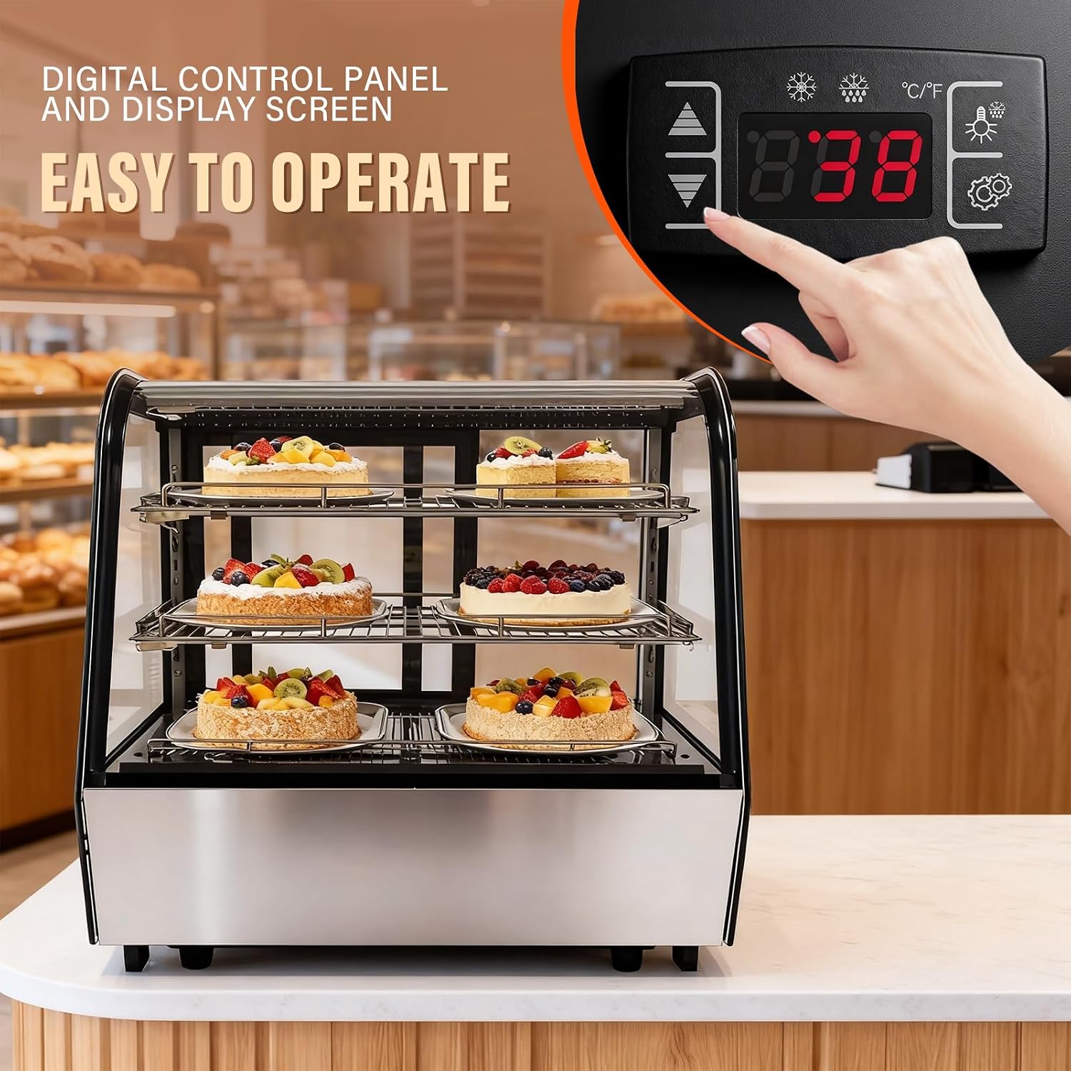 4.2 Cu.Ft/120L Commercial Display Refrigerator, Countertop Pastry Display Case, Built-in LED Lights, Air Cooling, Automatic Defrost, Rear Sliding Door, for Cafes Restaurants Bakeries