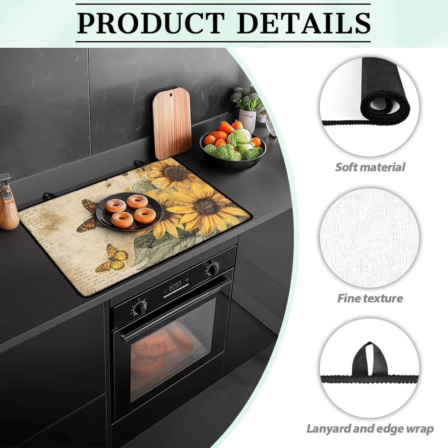 Flat Top Stove Cover Mat for Electric Stove Multipurpose Heat Resistant Mat for Kitchen Machine Washable Foldable Induction Electric Cooktop Protector, 29 x 21 Inch, Retro Sunflower Butterfly
