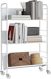 HOMCOM Bücherregal Mobiles Aufbewahrungsregal mit 3 Ebenen, Rädern, rollbares Spielzeugregal aus Metall, Bücherschrank für Schlafzimmer, 69 x 26 x 108 cm, Weiß