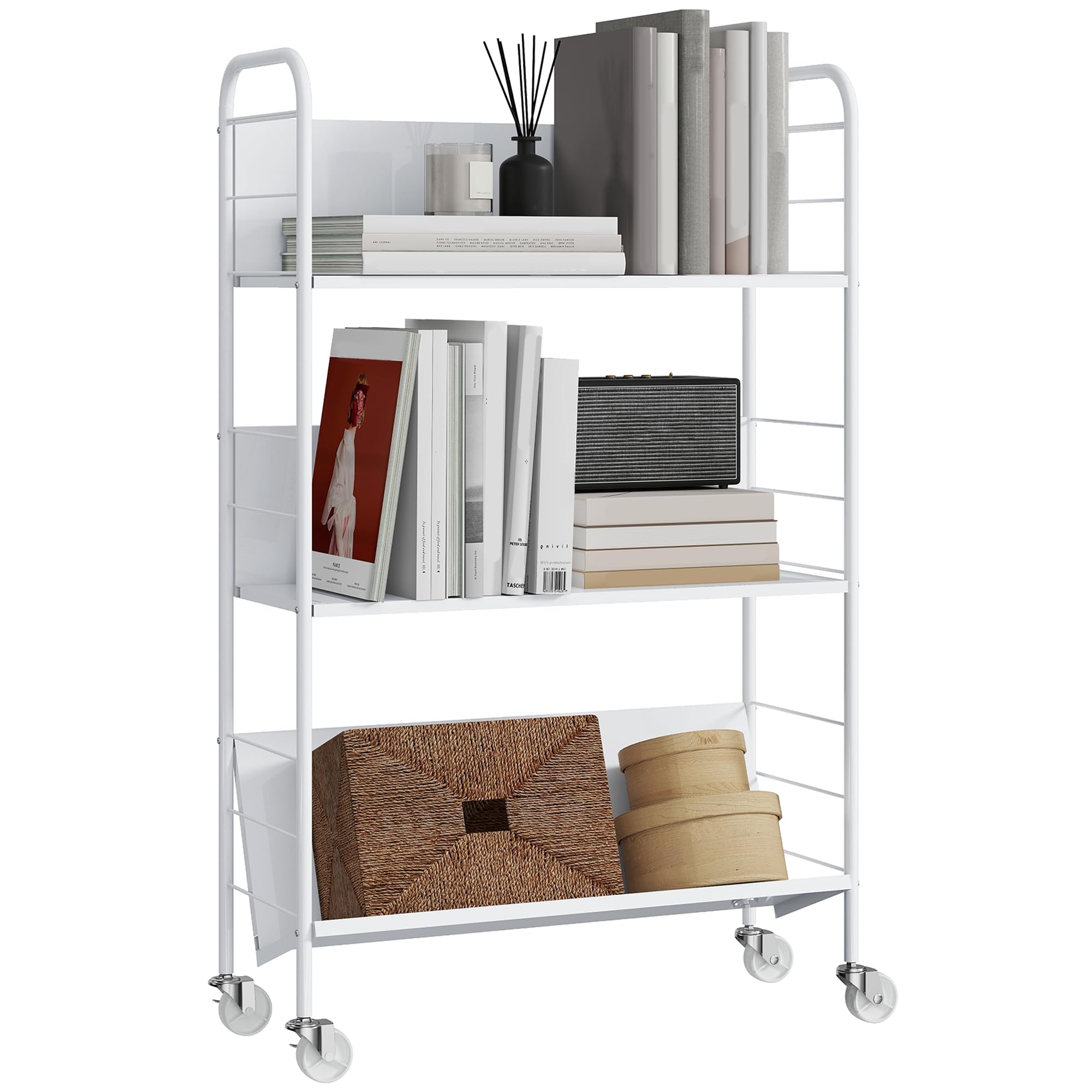HOMCOM Carrello Portalibri a 3 Livelli in Metallo con Ruote Girevoli con Freno, Libreria Scaffale Moderno per Libri e Riviste, per Soggiorno, Camera da Letto, 69x26x108 cm, Bianco