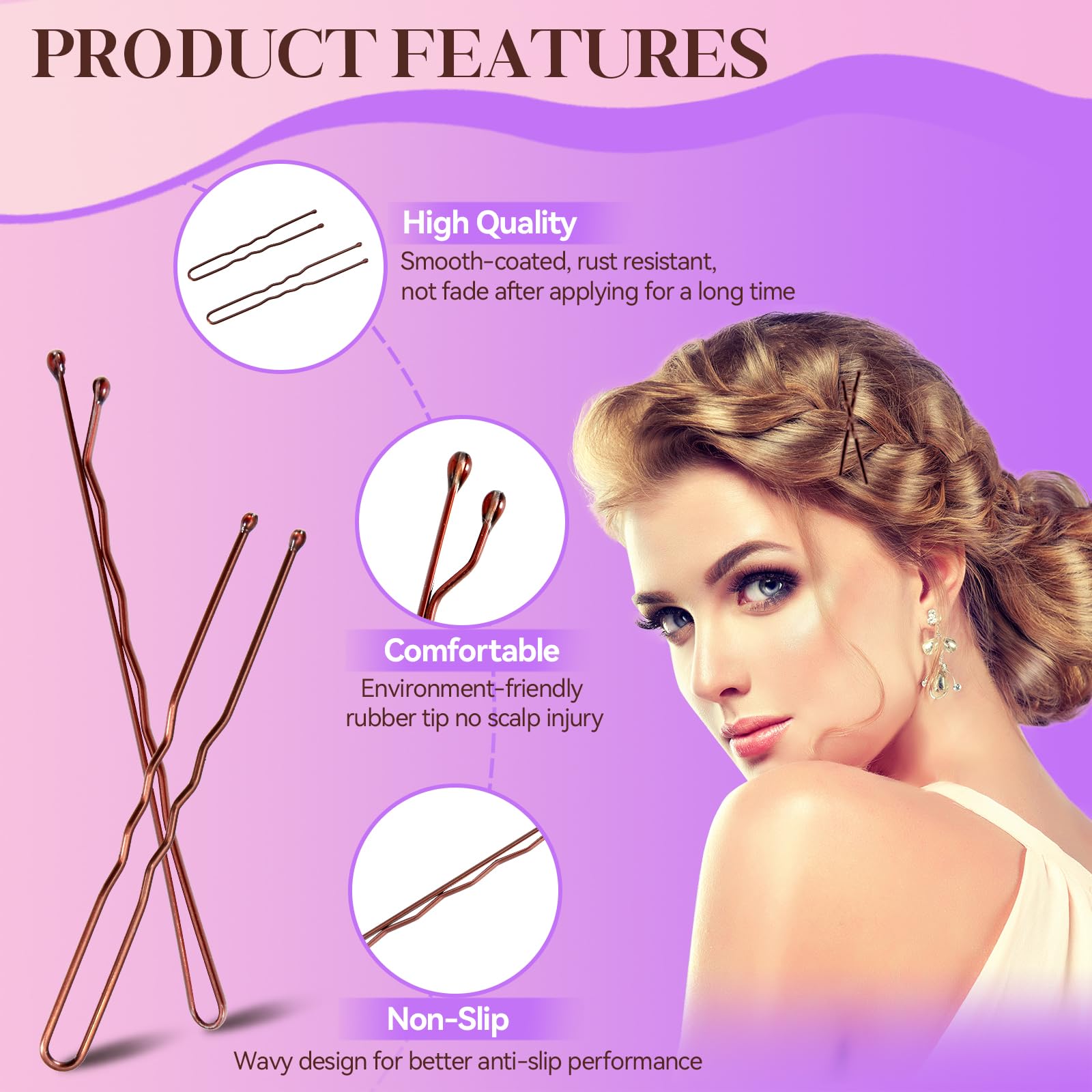 Juego de 300 horquillas para el pelo con caja de almacenamiento, 100 horquillas antideslizantes marrones, 100 horquillas invisibles para mujeres y 100 bandas transparentes para el cabello, bloquean el