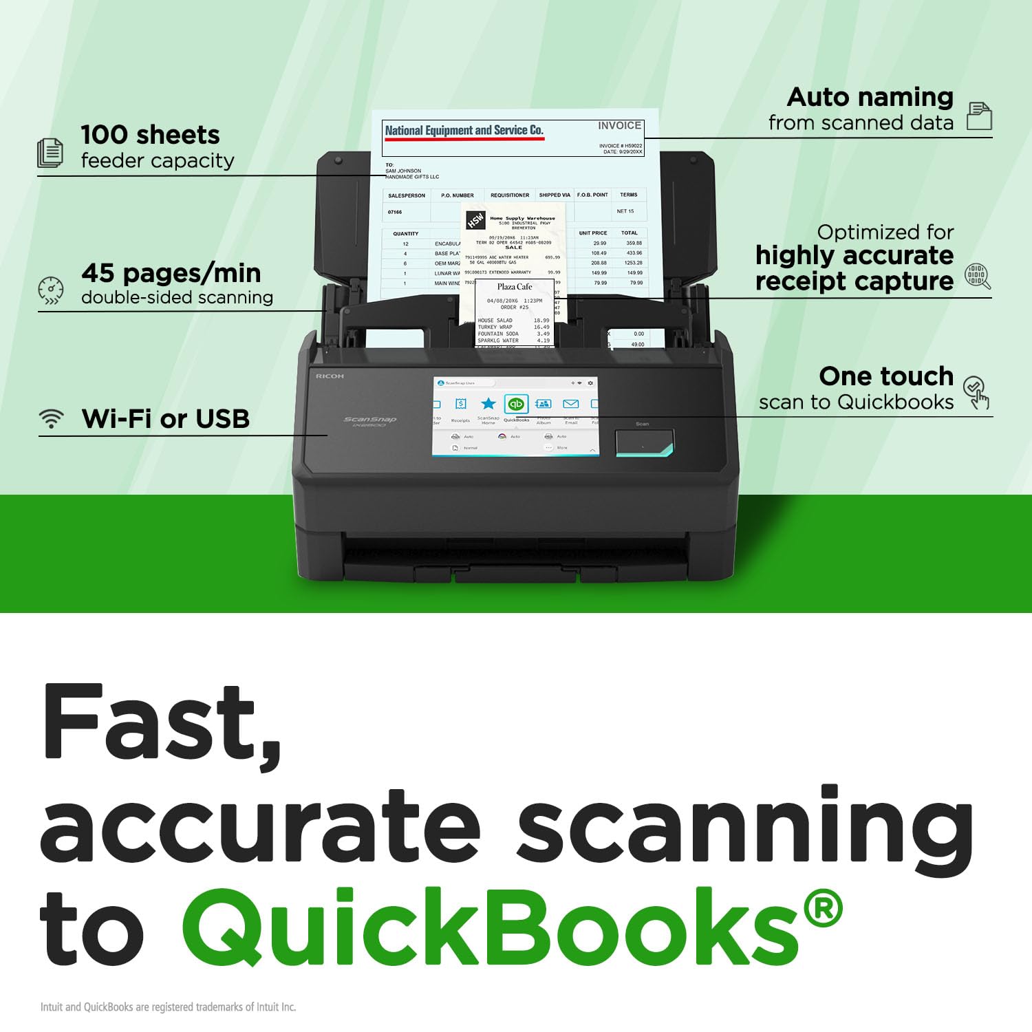 ScanSnap iX2500 Receipt Edition, Works with QuickBooks, Wireless or USB High-Speed Cloud Enabled Invoices & Receipts Scanner, 100 Page Auto Document Feeder for Mac or PC, Black — view 2