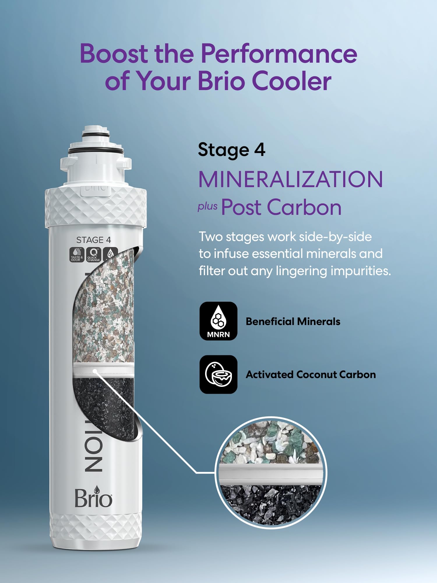 Brio Filtro de mineralización de etapa 4, restaura los minerales esenciales al agua purificada por RO, alternativa mineralizante Brio un filtro de carbono de etapa 4