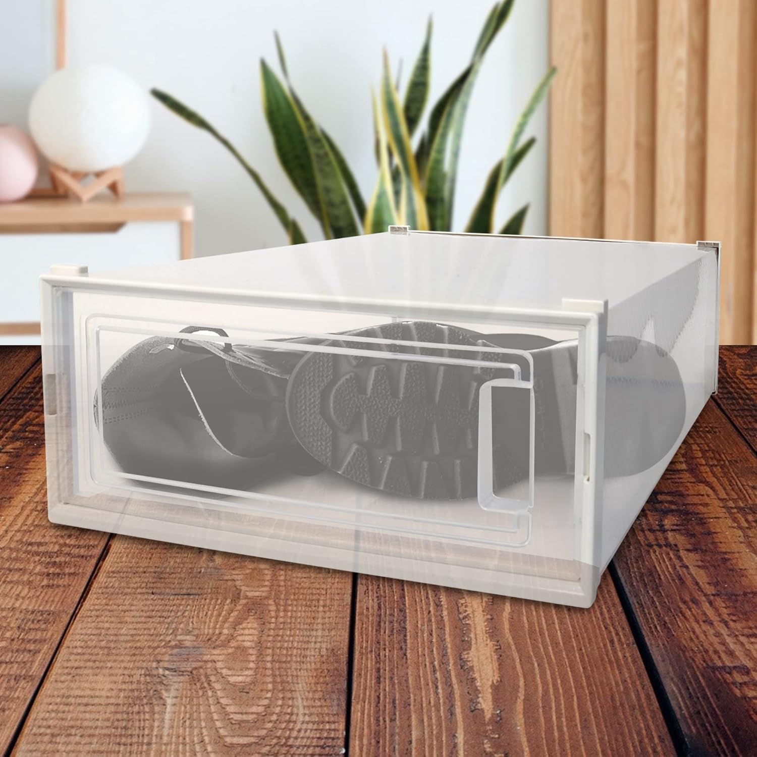 Basic Fundamentals 4 Pack Stackable Storage Bins for Boots - Clear Plastic, Foldable Shoe Box for Closet Organizing - Perfect Drop Front Shoe Organizer with Breathable Frame, White