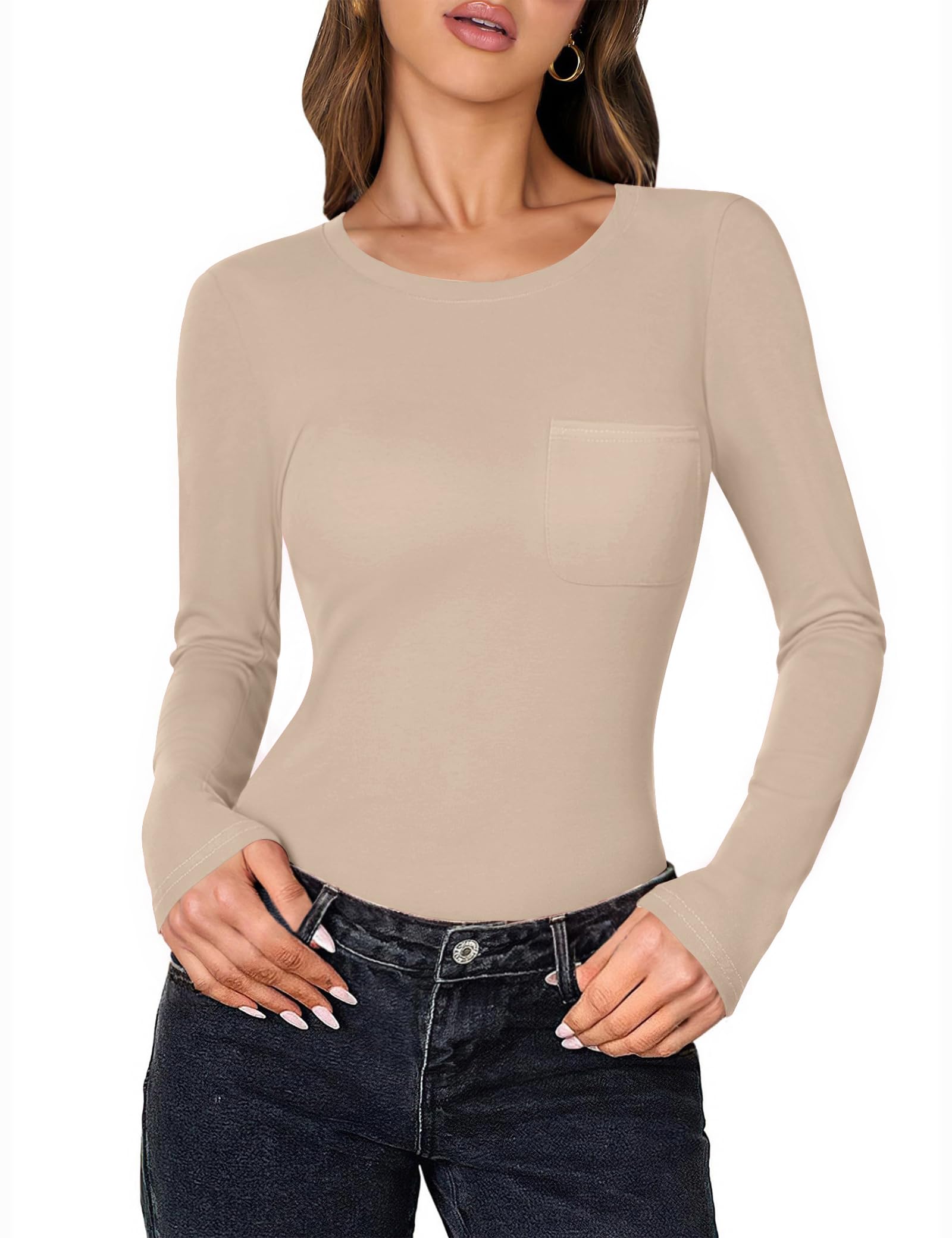 Aottori Langarmshirt Damen Rundhals mit Tasche Oberteile Elegant Slim Fit Shirt Langarm Weich Stretch Unterziehshirt Herbst Einfarbig Basic Tops für Alltag Büro Freizeit