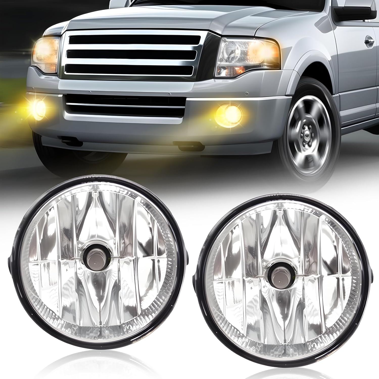 Fog Lights Assembly Compatible with 2007-2013 Ford Expedition / 2008-2011 Ford Ranger Front Bumper Driving Fog Lamps Replacement Halogen Lights Clear Lens