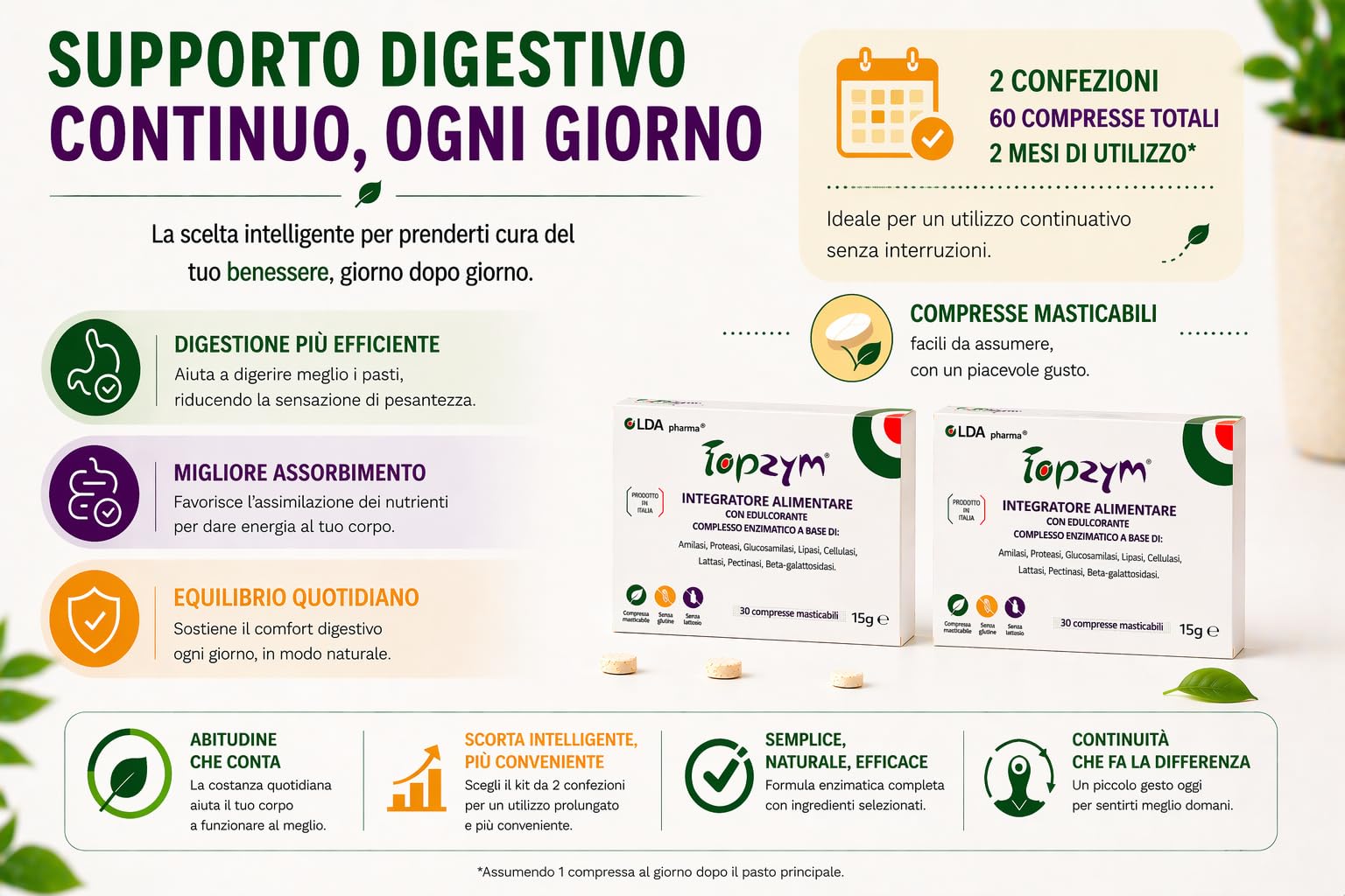 Topzym Enzimi Digestivi Completi – Integratore Digestivo Naturale per tutti i giorni - contro il Gonfiore Addominale - Digestione Rapida e Leggera - Kit 2 Confezioni