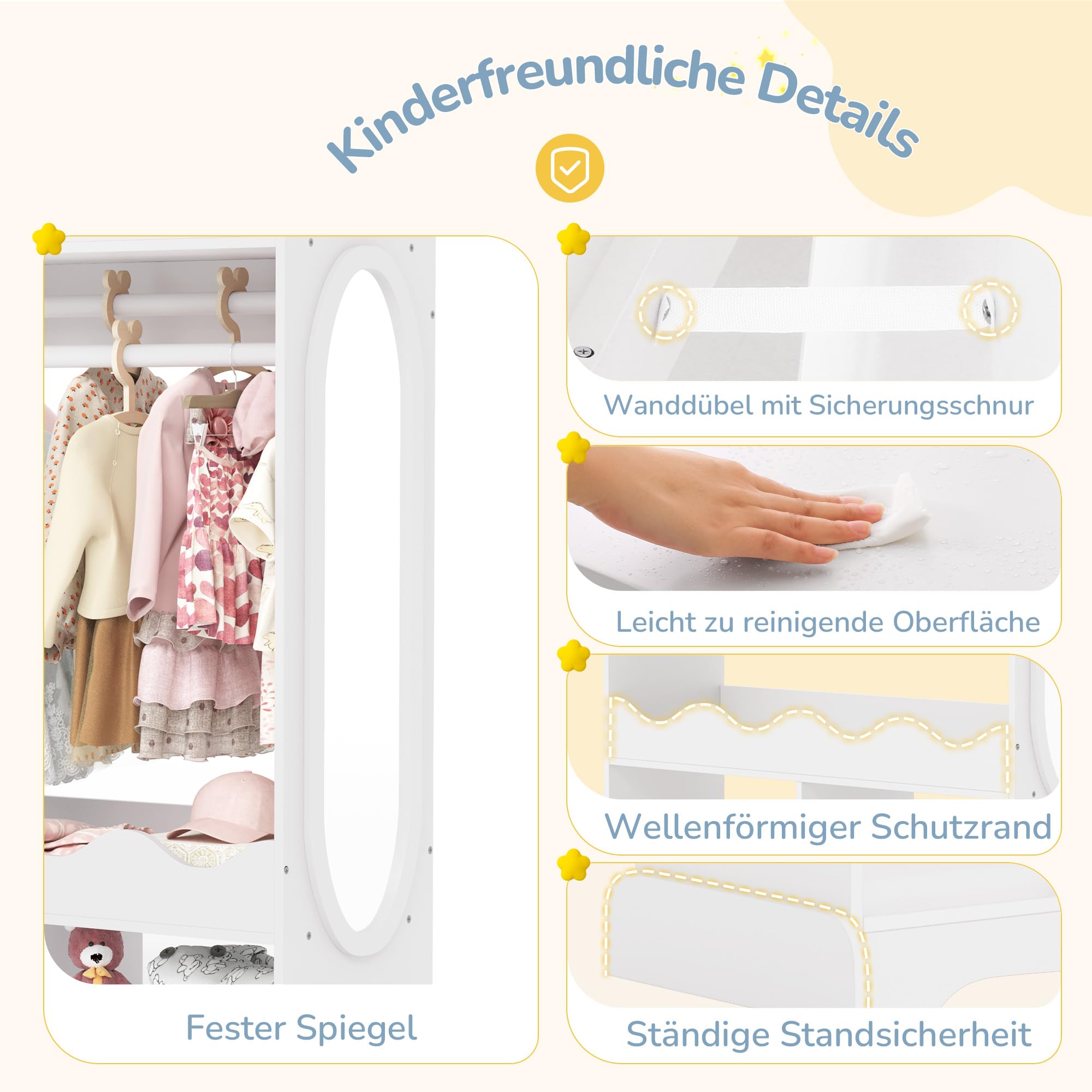 LUE BONA Kinderkleiderschrank, Kindergarderobe mit Spiegel und Kleiderstange, Kinder Kleiderschrank aus Holz mit 3 Haken, Kleiderschrank Kinderzimmer mit Ablage, für Kinderzimmer, 85x108x34 cm, Weiß