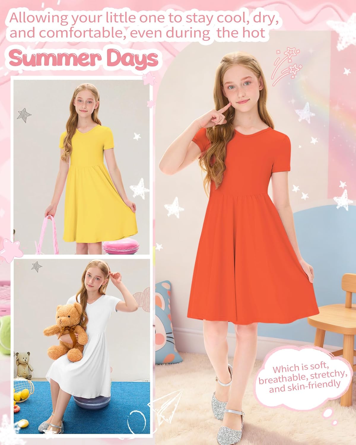 3 Pack Girls Short Sleeve Dress Summer Kids V Neck A Line Swing Skater Twirl T-Shirt Dresses for Casual Party