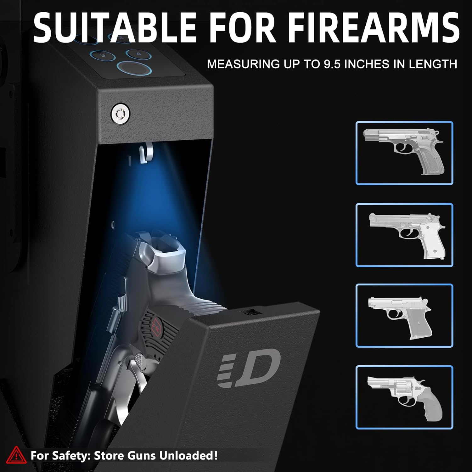 Urban Deco Gun Safe for Handgun Drop Down,Quick Access Pistol Safe Mounted Single Biometric Safes For Nightstand, Desk, Bedside,Vehicle Handgun Safe Auto Open - With Fingerprint, Pin Code, Key Access