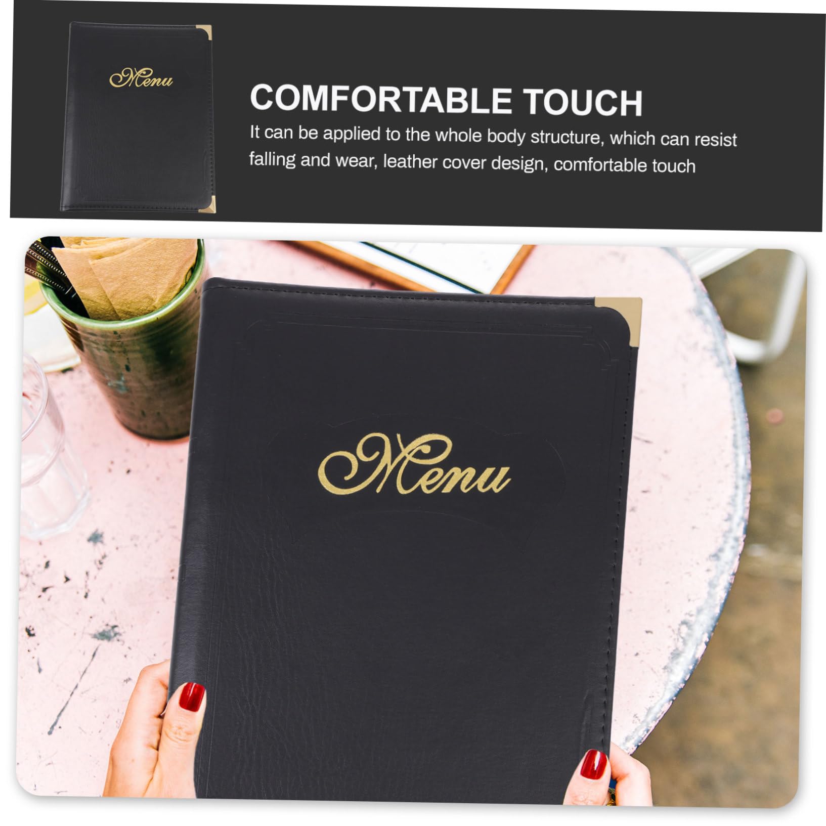 Carpeta de Menú Reutilizable de Pu Diseño de Páginas Deslizantes y Esquinas Redondeadas, Cubierta Negra Fácil de Usar para Restaurantes y Centros Comerciales