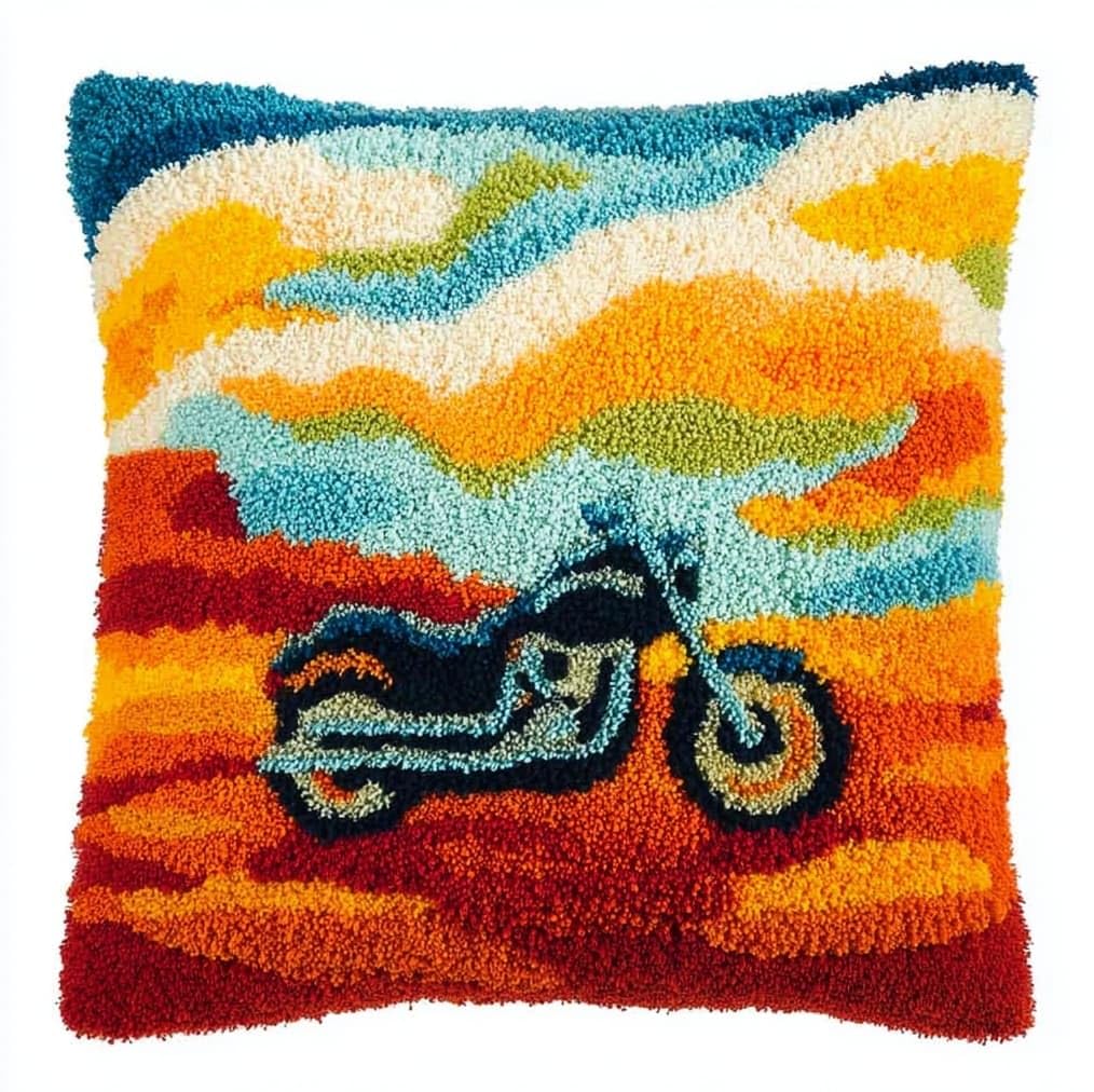 Henypt Latch Hook Cushion Kit 43x43cm,Retro Motorcycles Beginner Friendly Needlecraft Set,Adult Craft Hobby kit,Easy Latch Hook for Home Decor,