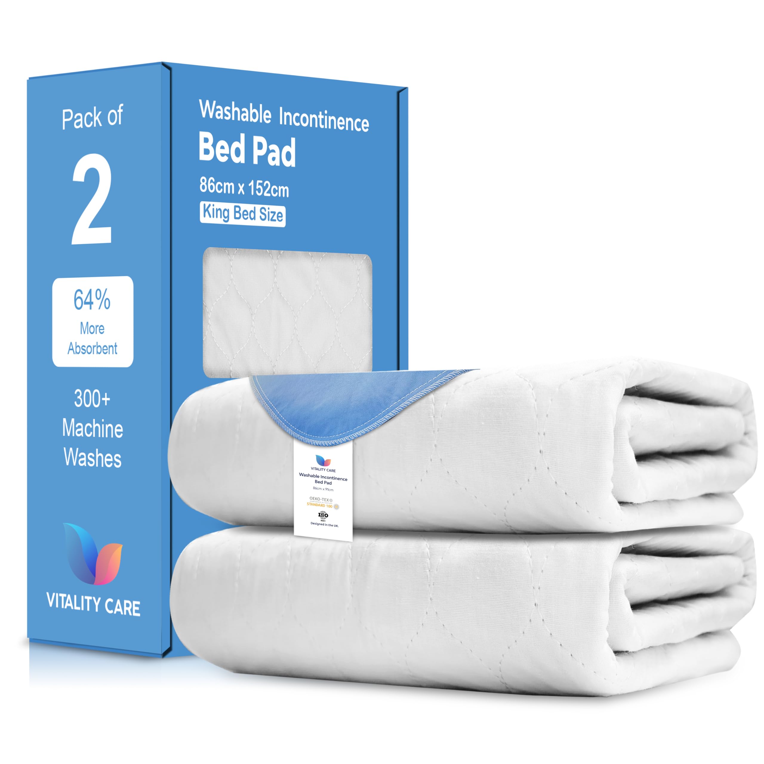 Vitality Care (2X King Bed 86X152cm) Washable King Bed Pad Incontinence Reusable Bed Pads Super Absorbent 86 X 152Cm