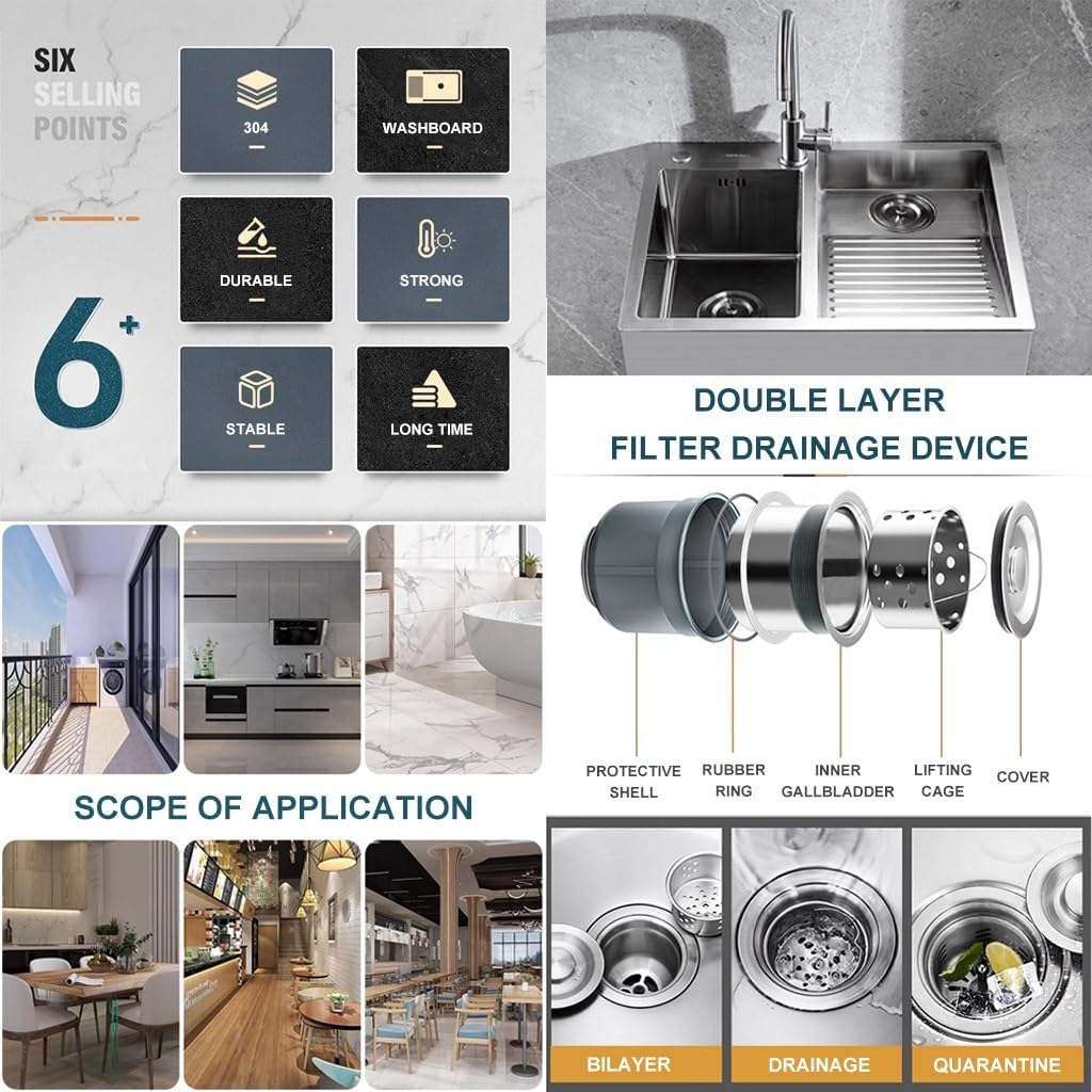 Bathroom Sinks Large 304 Stainless Steel Laundry Sink Single Bowl Kitchen Sink With Washboard Laundry Sink With Big Bend Faucet And Drainage Component (Color : Silver, Size : 80x48x21cm)