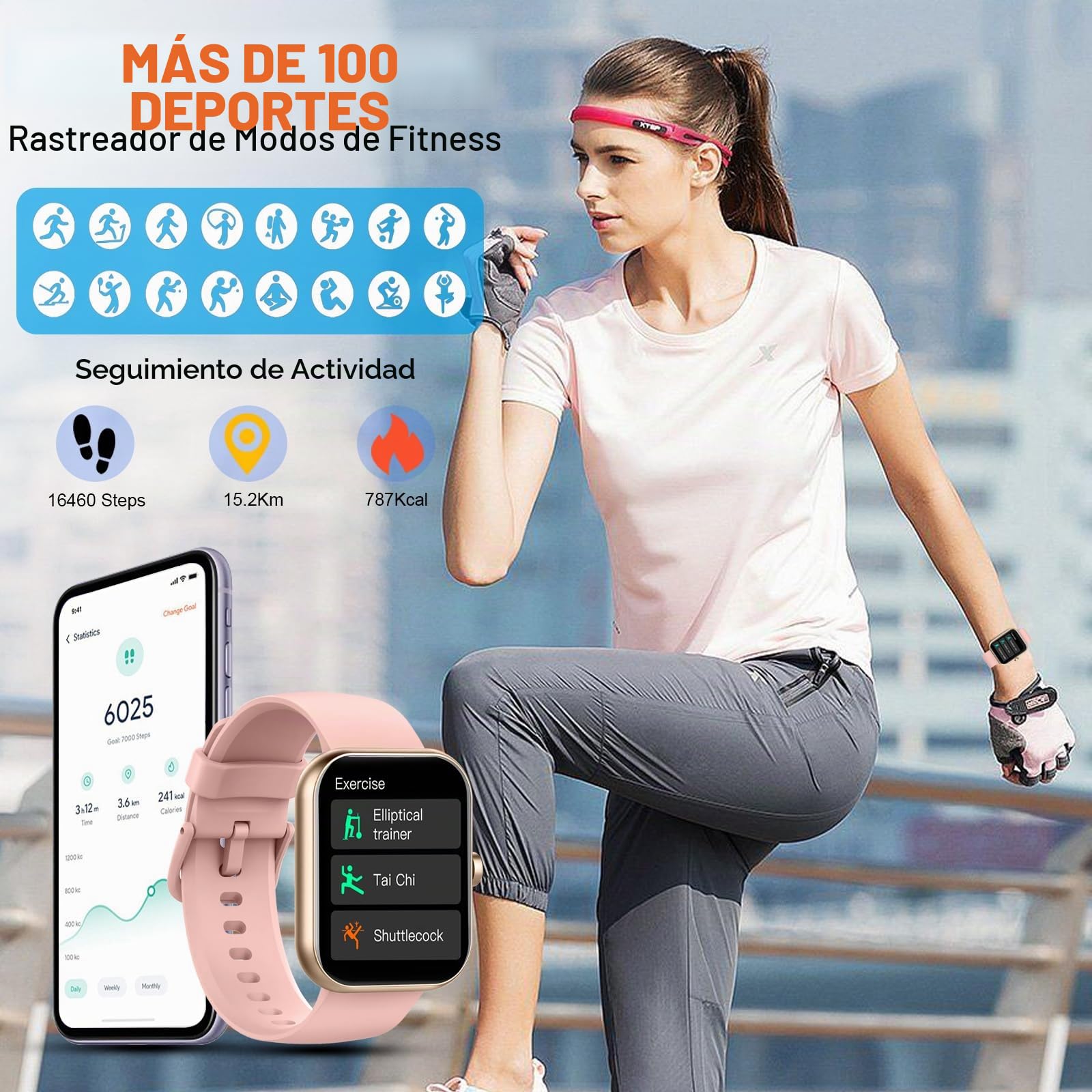 Matast Reloj Inteligente con Pulso, SmartWatch para Mujer, 1.96" Smart Watch con Llamadas Bluetooth y Whatsapp Notificación, Pulsera Actividad con 100+ Modos Deportivos, Podómetro, para Android iOS