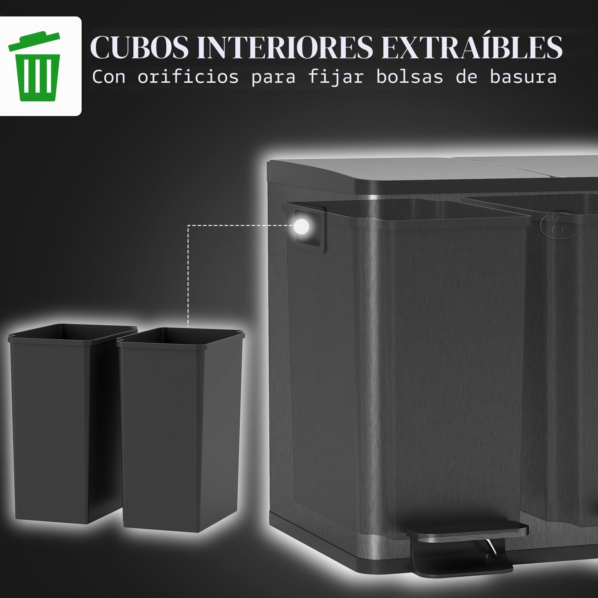 HOMCOM Cubo doble de cocina 2x15L, acero inoxidable, tapa suave, Negro | Cubo de basura doble, cubos interiores extraíbles, resistente a huellas, para reciclaje y residuos